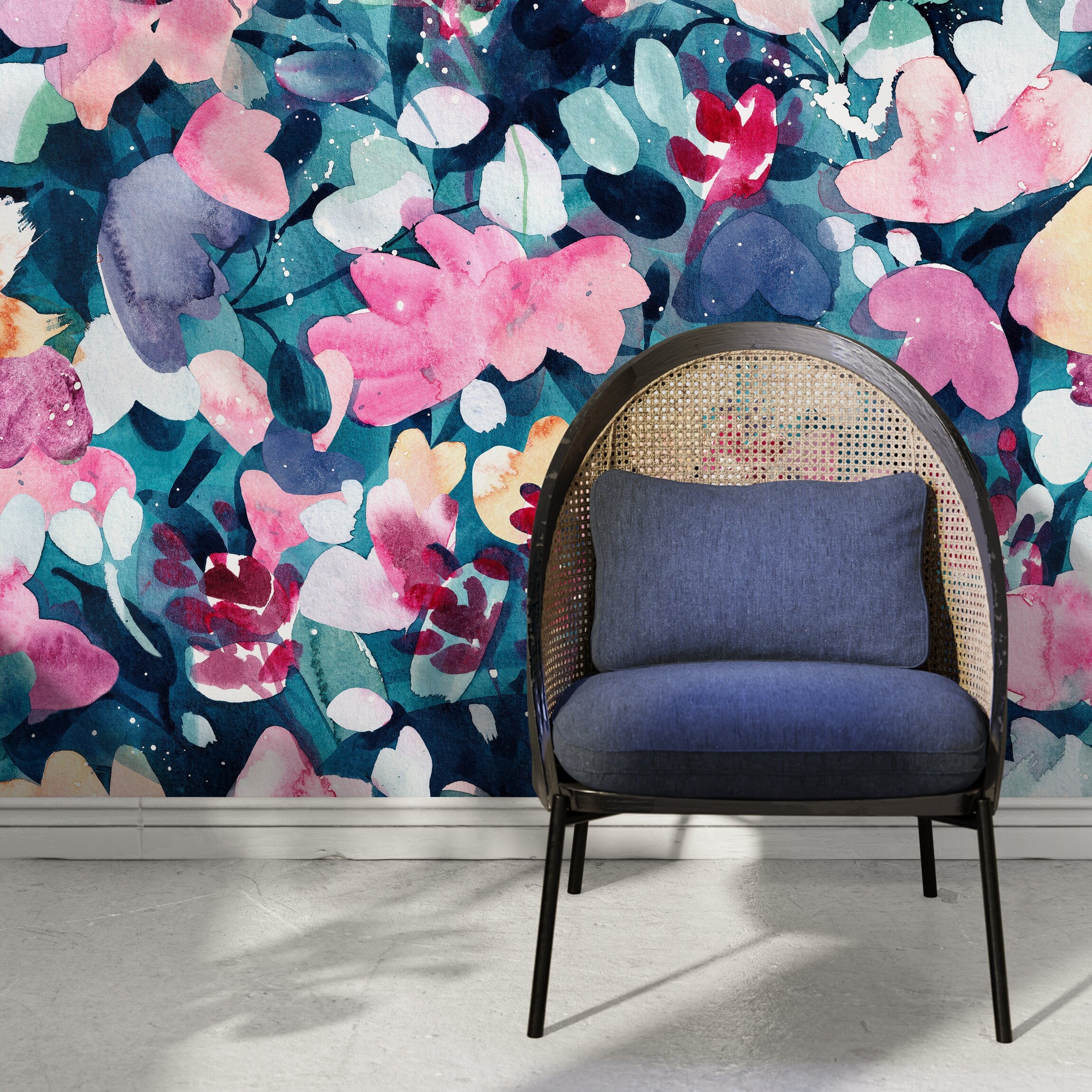 Floral Wallpaper With A Painterly Watercolor Motif In Pink, Teal, And Blue - X149