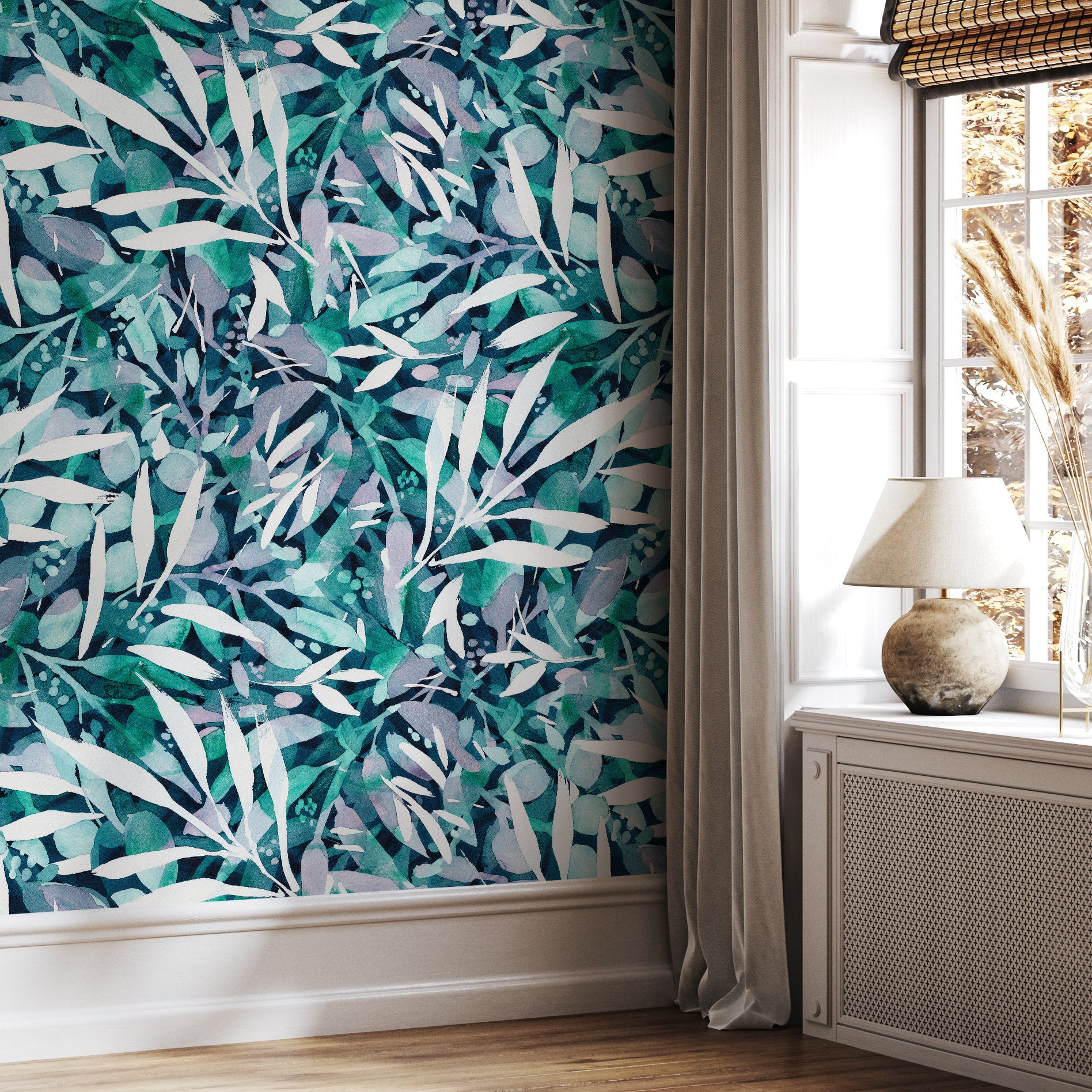 Abstract Botanical Wallpaper With Painterly Leaves In Teal, Green, And Lavender - X150