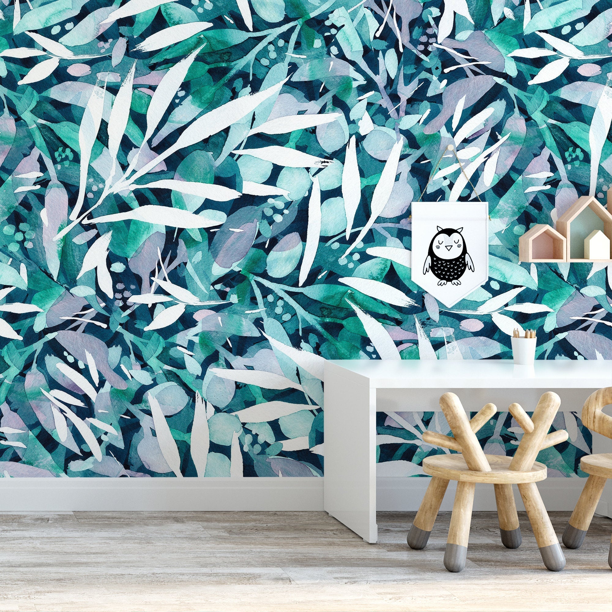 Abstract Botanical Wallpaper With Painterly Leaves In Teal, Green, And Lavender - X150