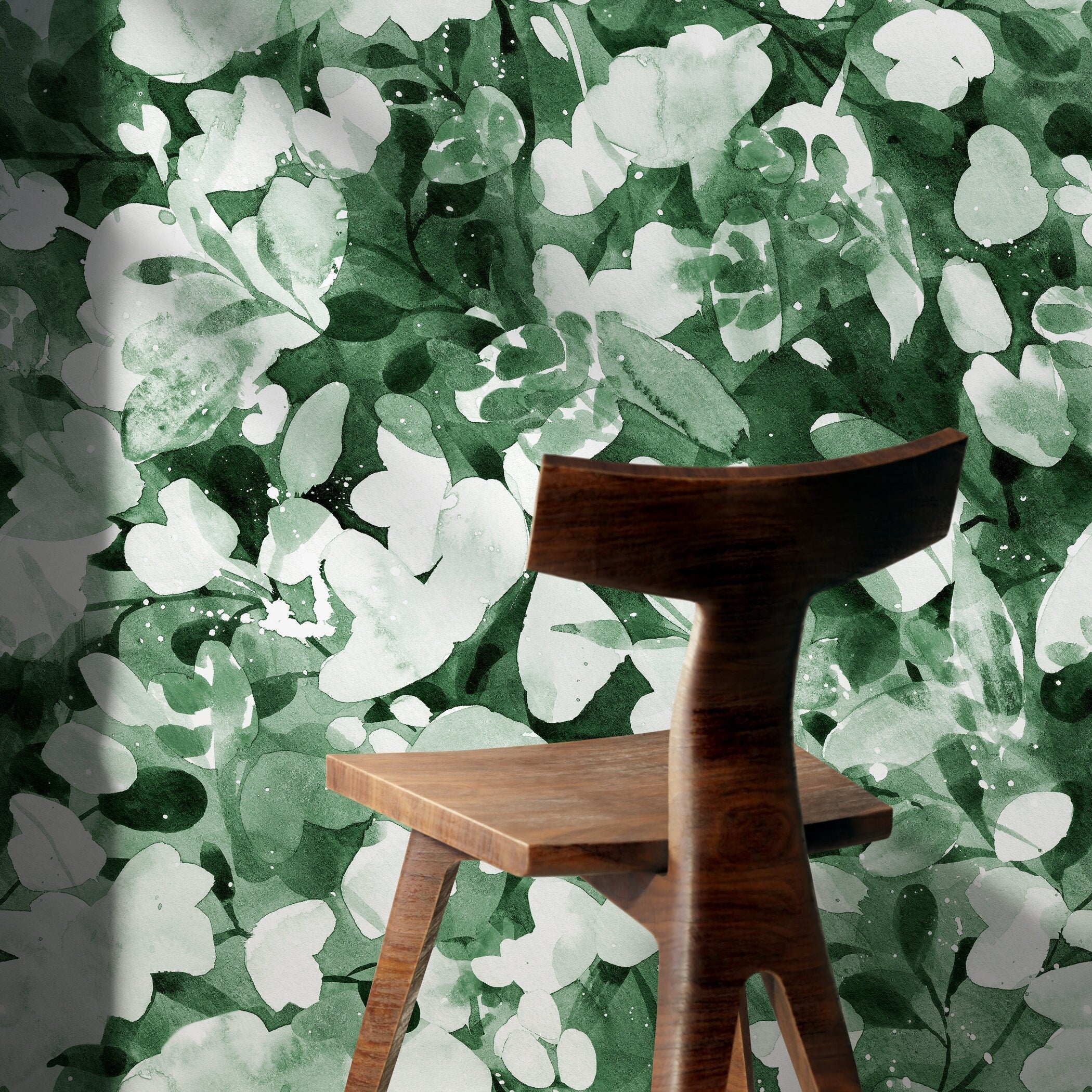 Watercolor Wallpaper With Abstract Botanical Leaves In Green And White - X152