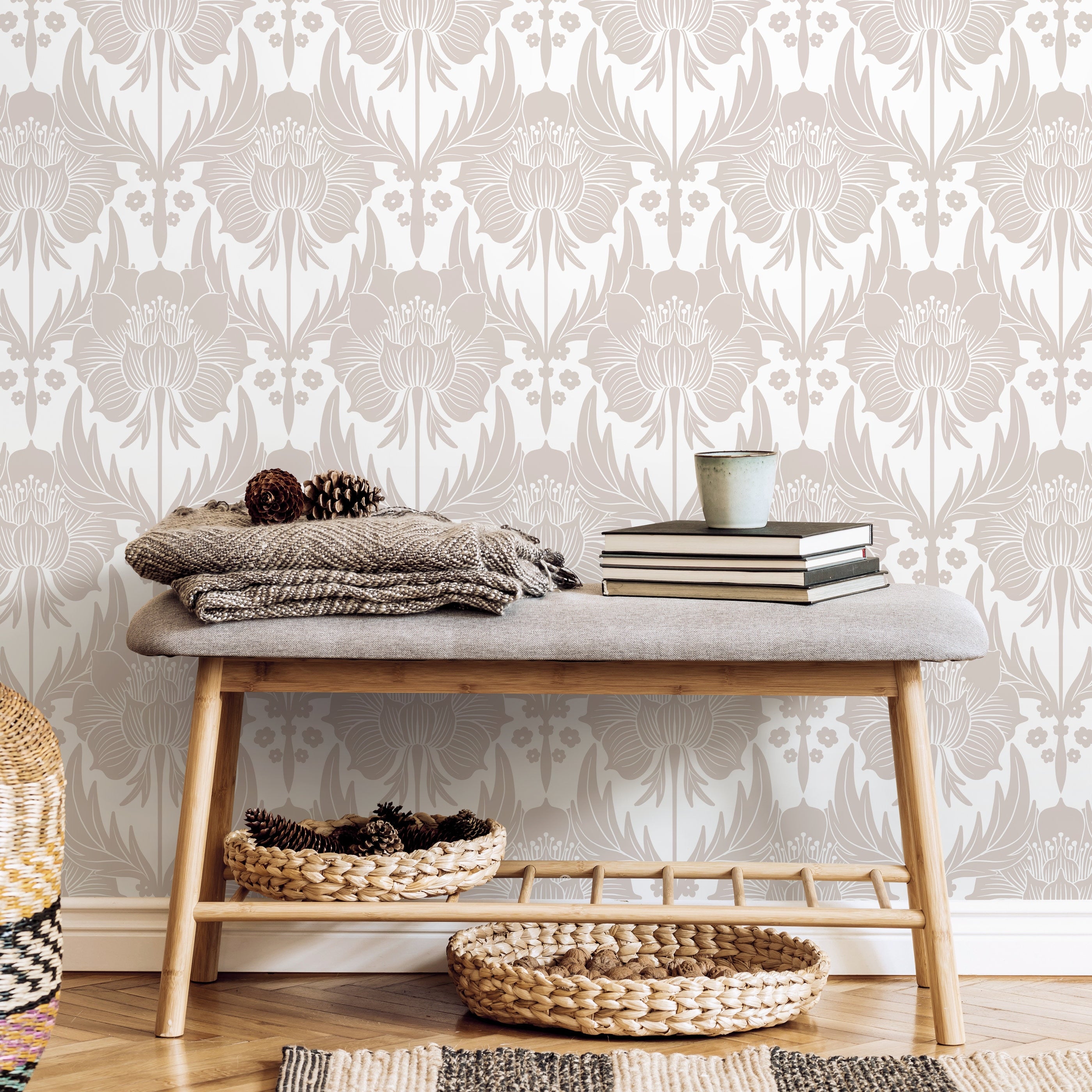 Floral Wallpaper With A Stylized Damask Motif In Neutral Beige - X170