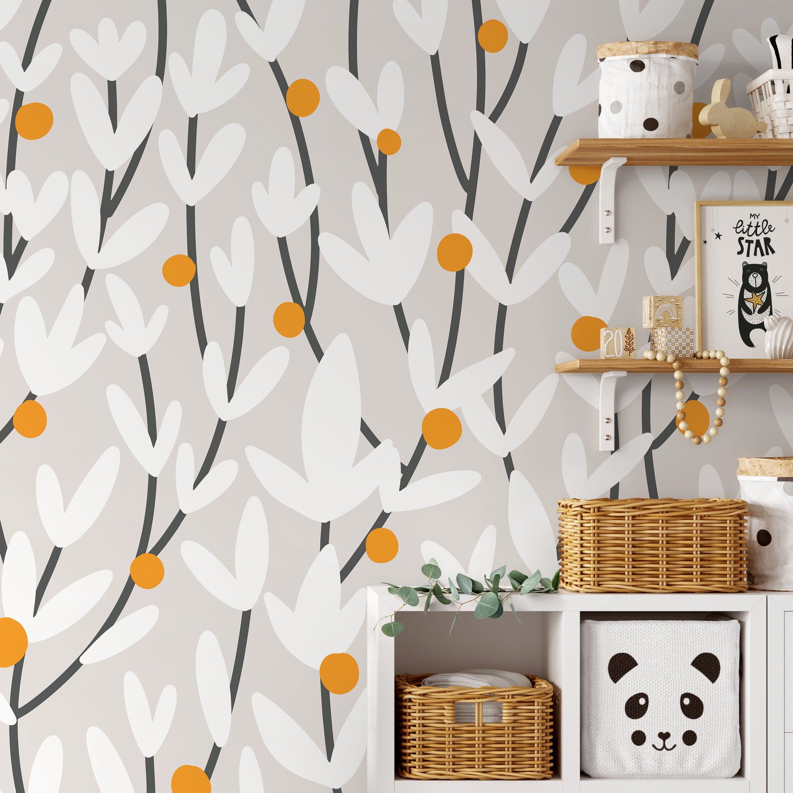Floral Wallpaper With Abstract Blooms In Orange, White, And Charcoal - X178
