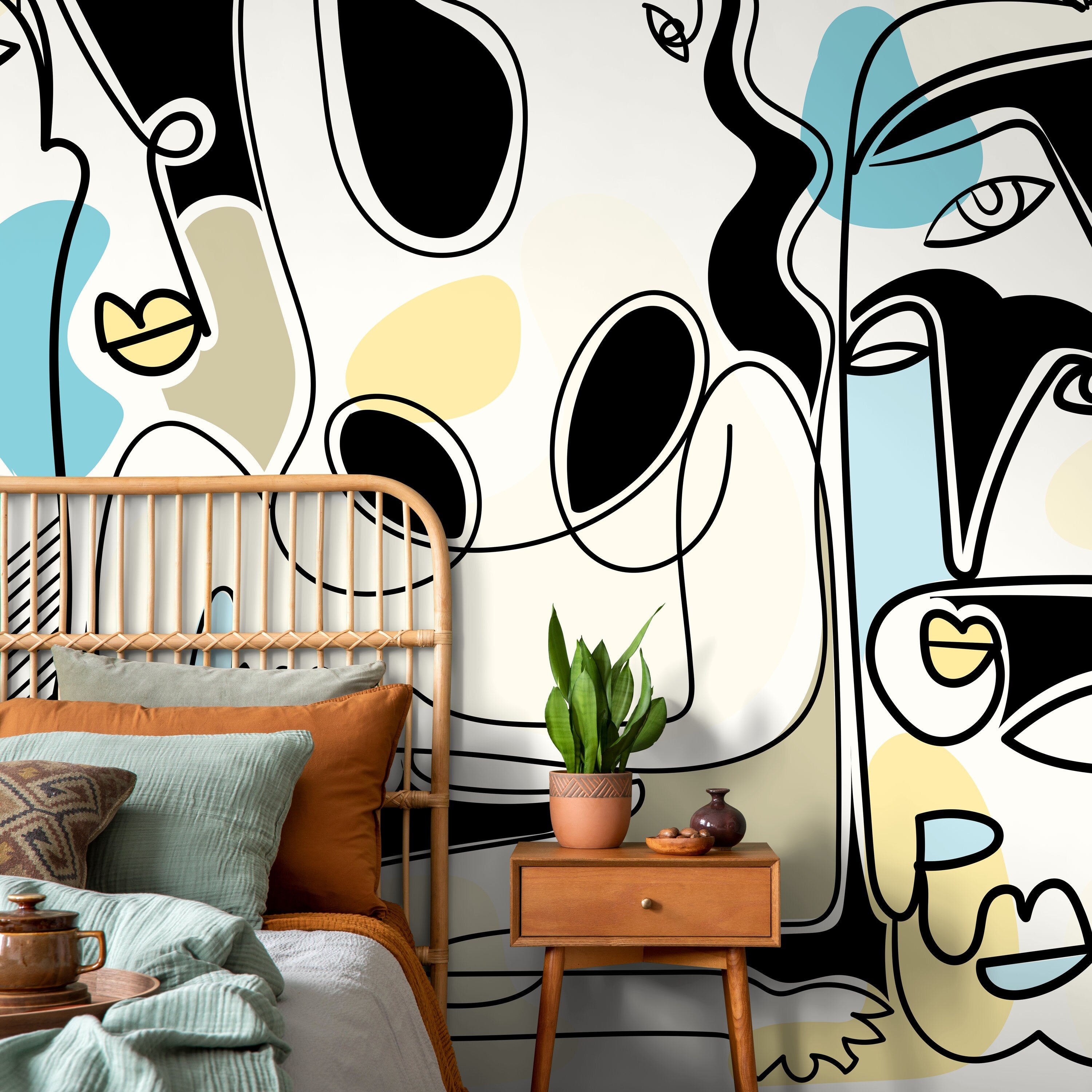 Abstract Wallpaper With A Modern Face Collage In Black, Blue, And Yellow - D591