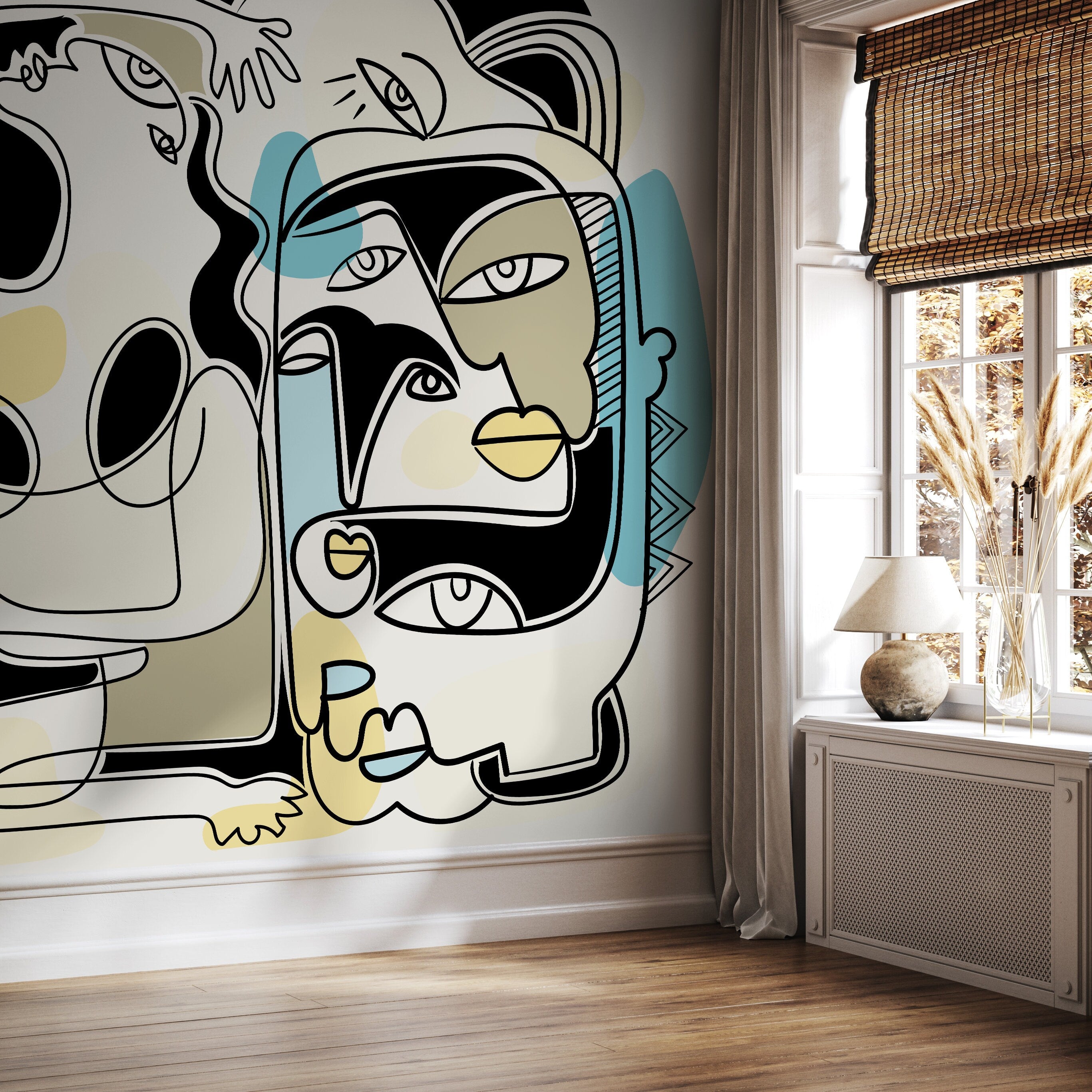 Abstract Wallpaper With A Modern Face Collage In Black, Blue, And Yellow - D591