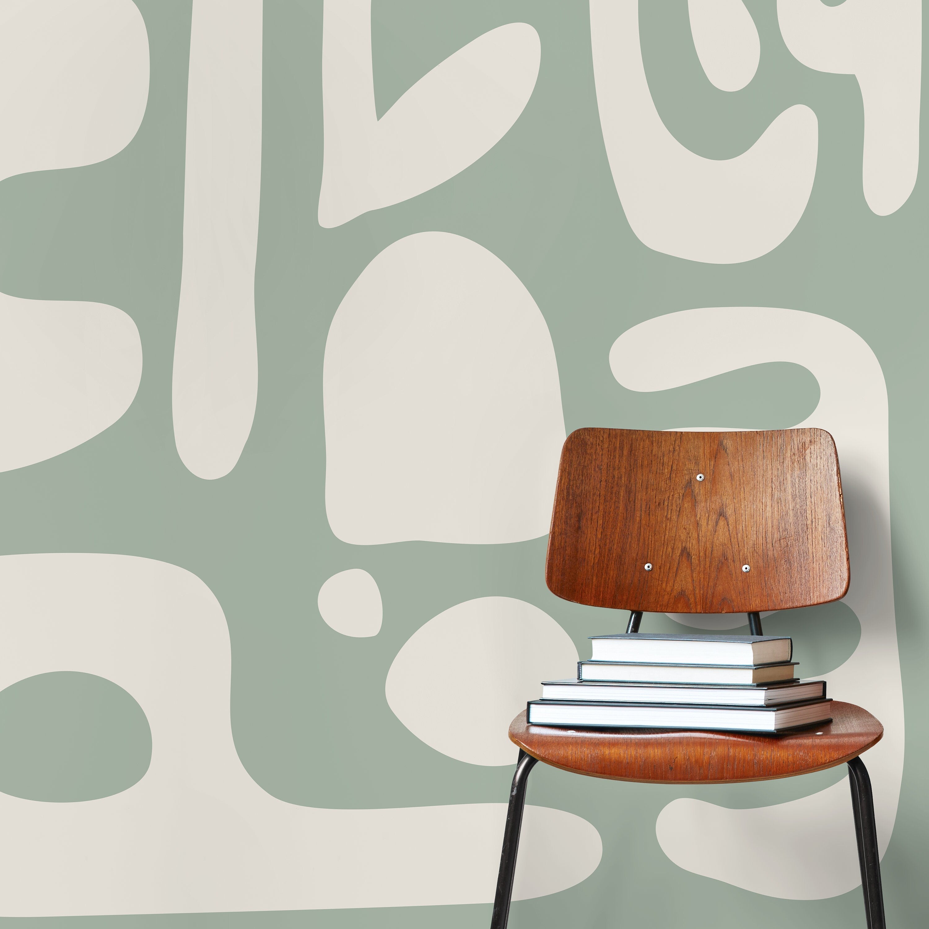 Abstract Wallpaper With Large Scale Organic Shapes In Sage Green And Cream - D593