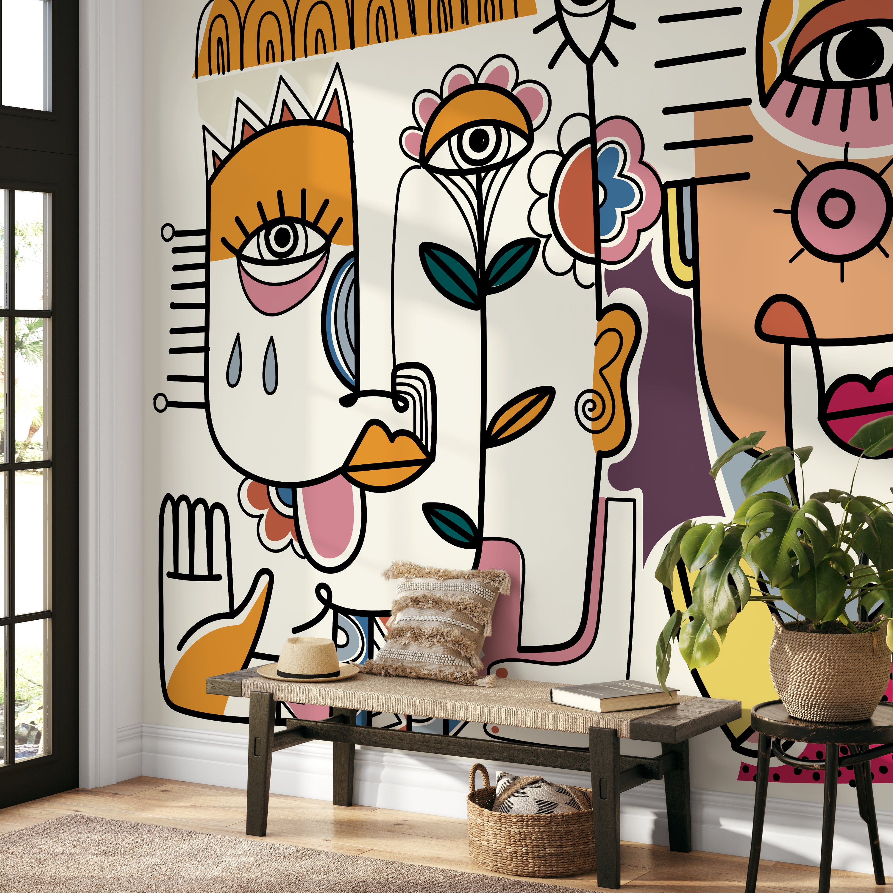 Abstract Wallpaper With A Cubist Face Collage In Pink, Orange, And Yellow - D597