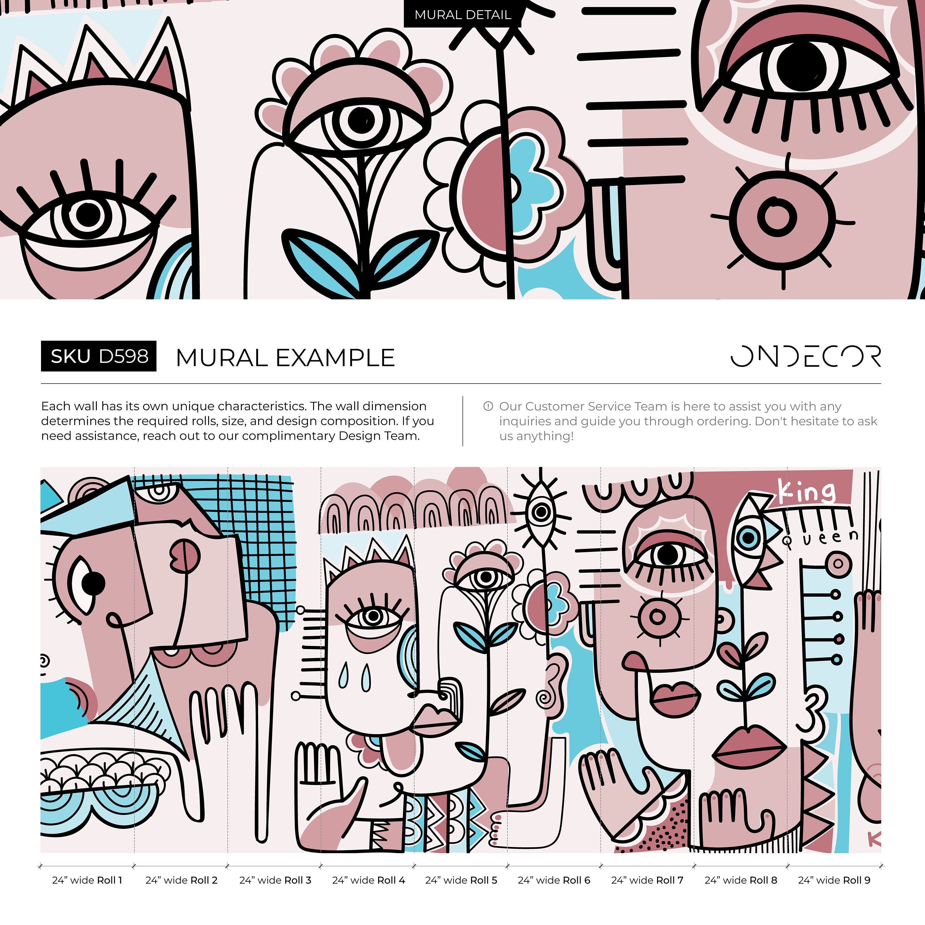 Abstract Wallpaper With Surrealist Faces And Florals In Pink And Blue - D598