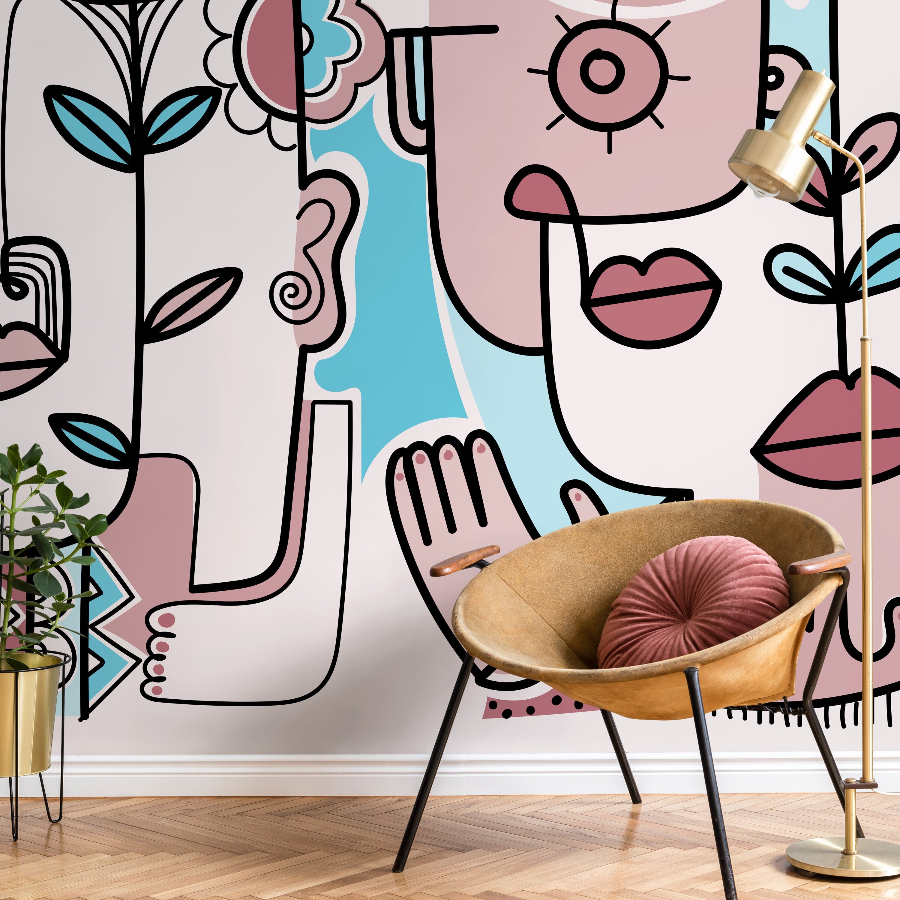 Abstract Wallpaper With Surrealist Faces And Florals In Pink And Blue - D598