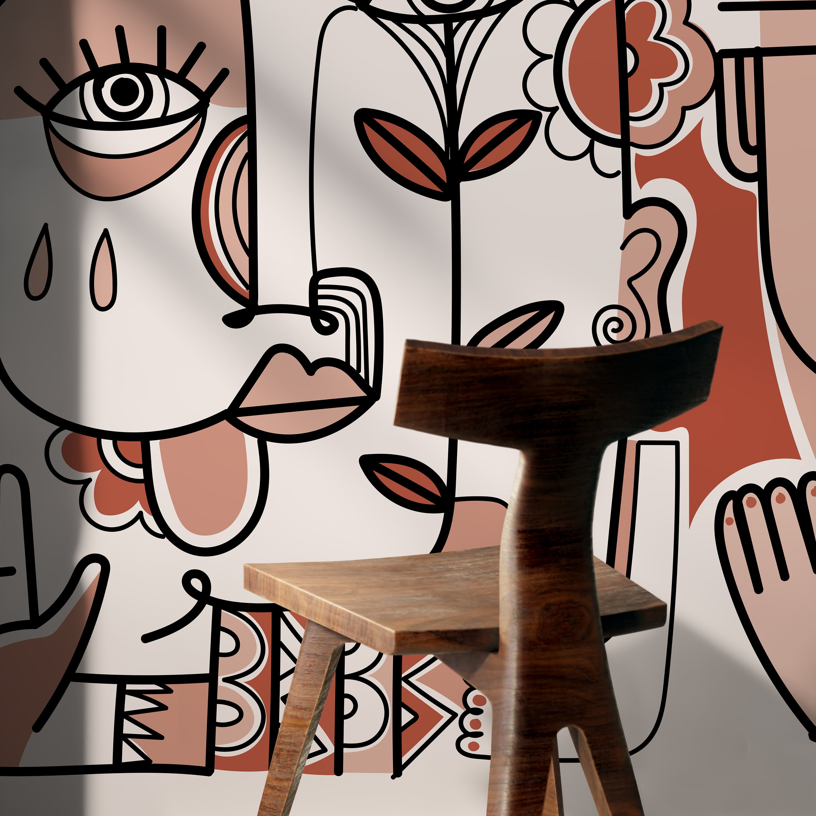 Abstract Wallpaper With Surreal Faces In Terracotta, Pink, And Black - D599