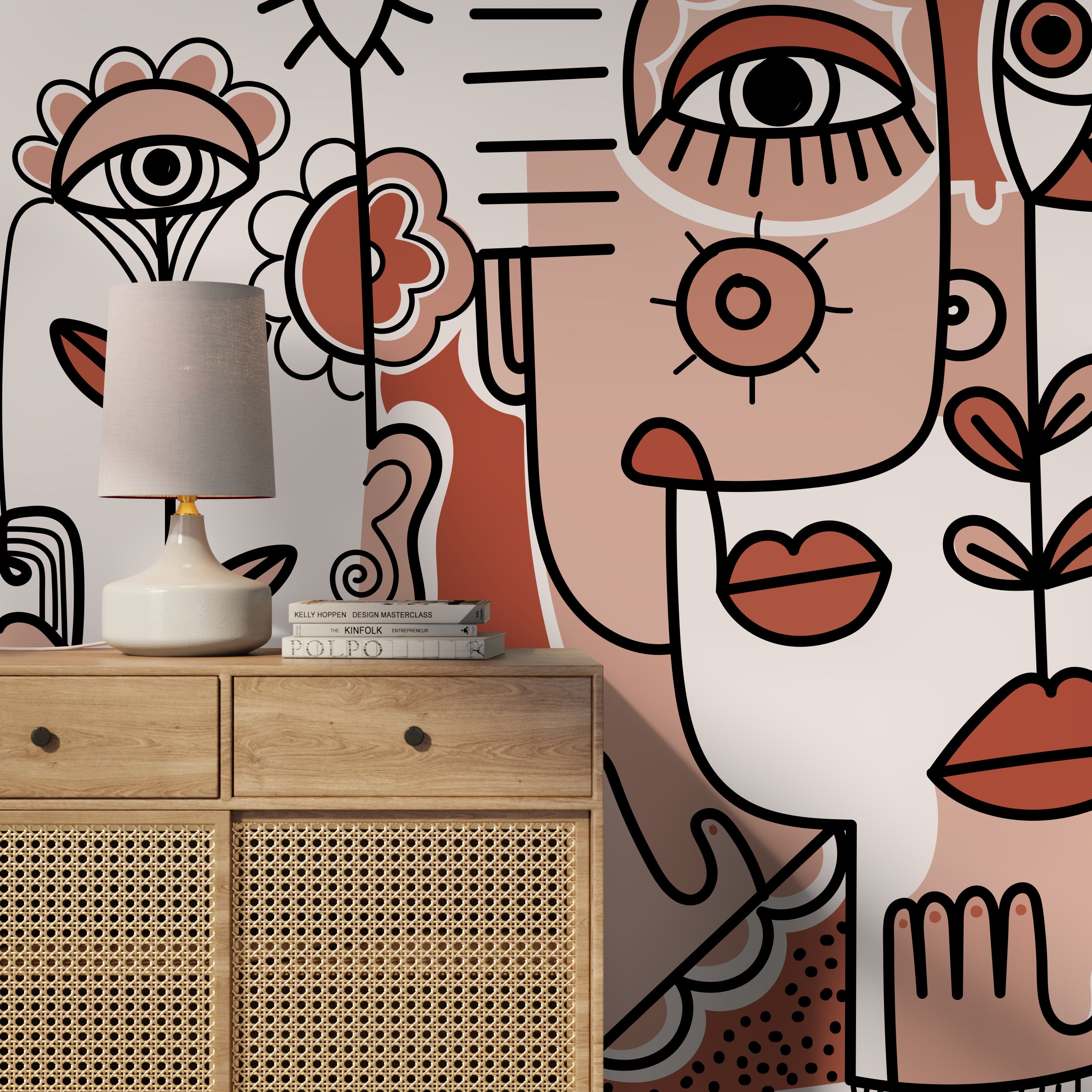 Abstract Wallpaper With Surreal Faces In Terracotta, Pink, And Black - D599