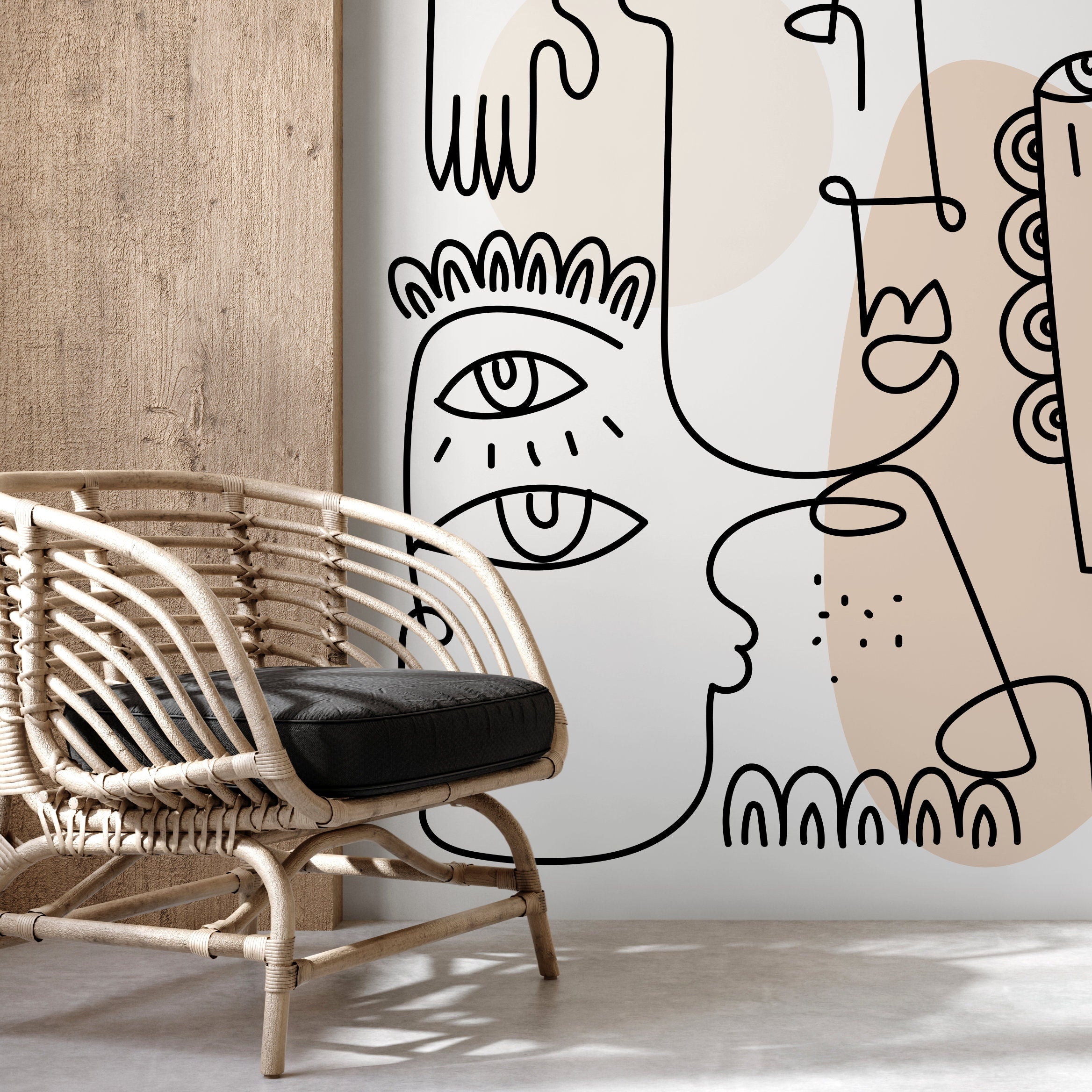 Abstract Wallpaper With Line Art Faces In Black And Beige - D602