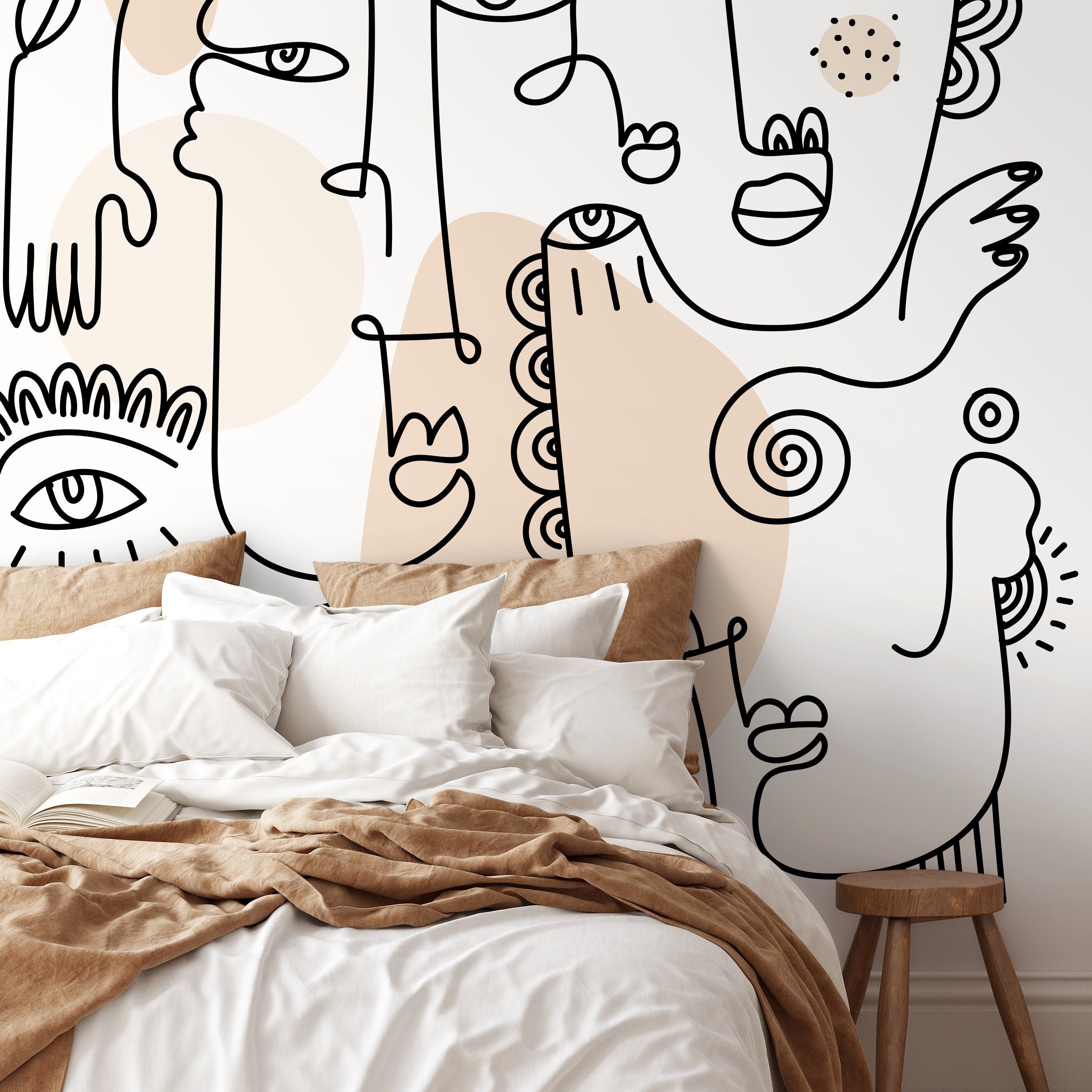 Abstract Wallpaper With Line Art Faces In Black And Beige - D602
