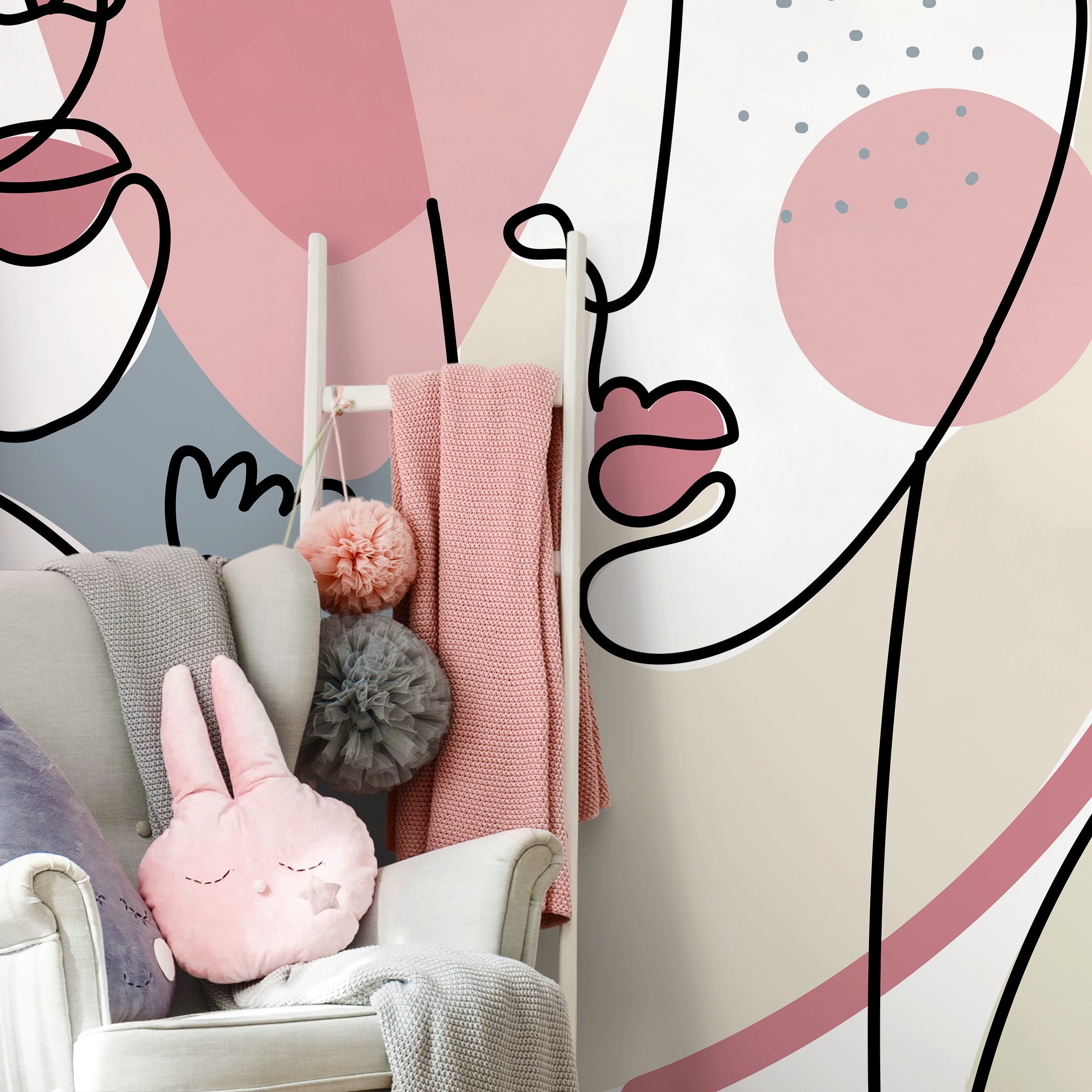 Abstract Wallpaper With Surreal Line Art Faces In Pink, Blue, And Beige - D603