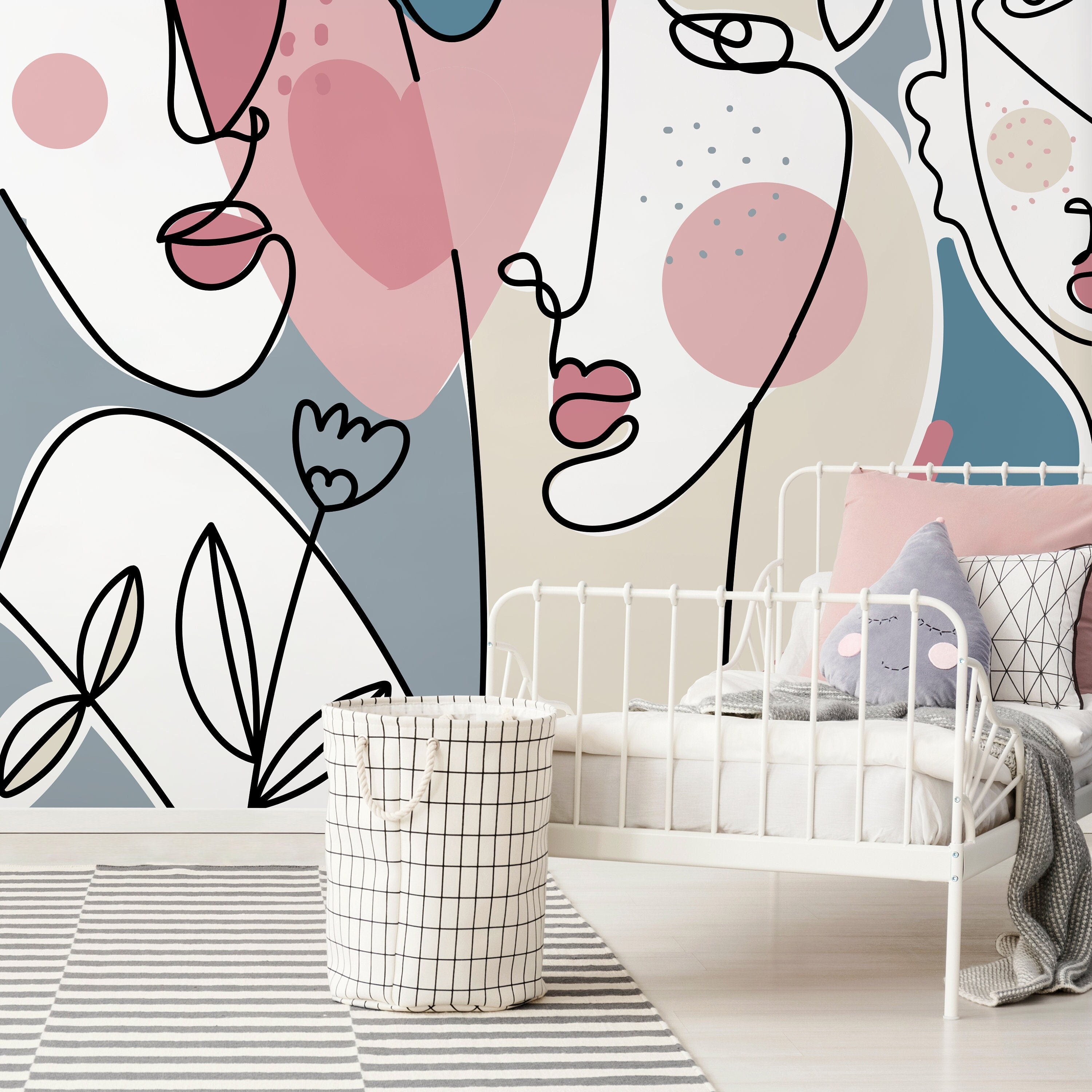 Abstract Wallpaper With Surreal Line Art Faces In Pink, Blue, And Beige - D603