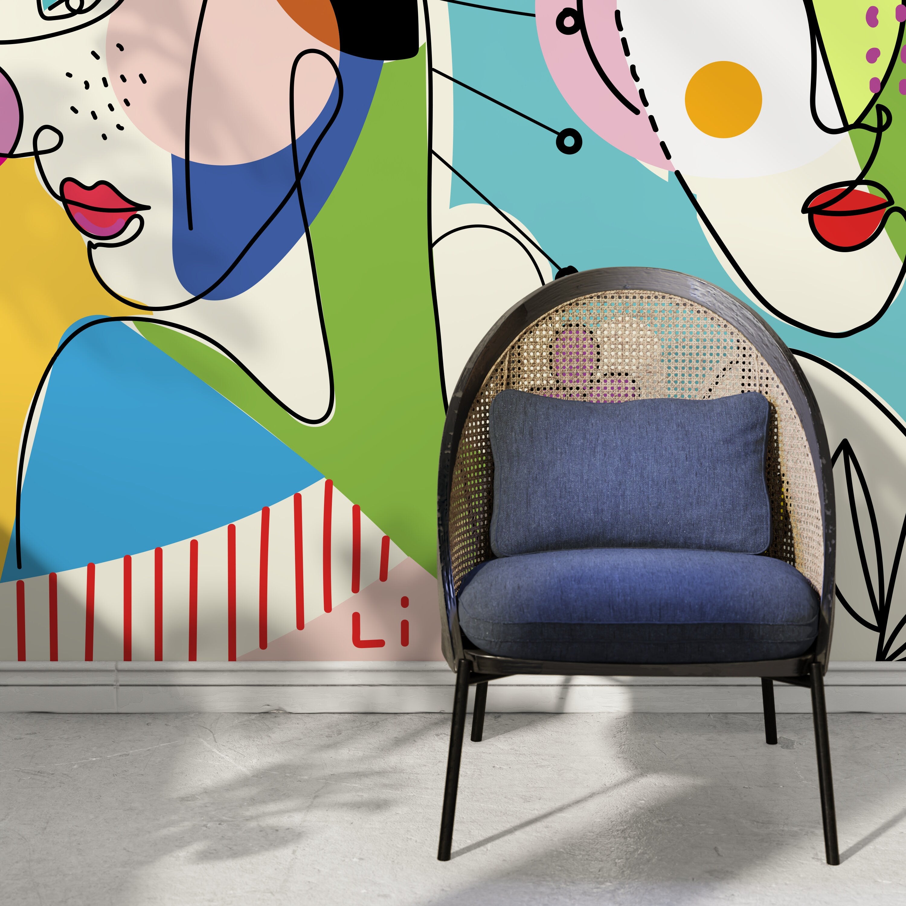 Abstract Wallpaper With Colorful Line Art Faces In Yellow, Blue, And Green - D604