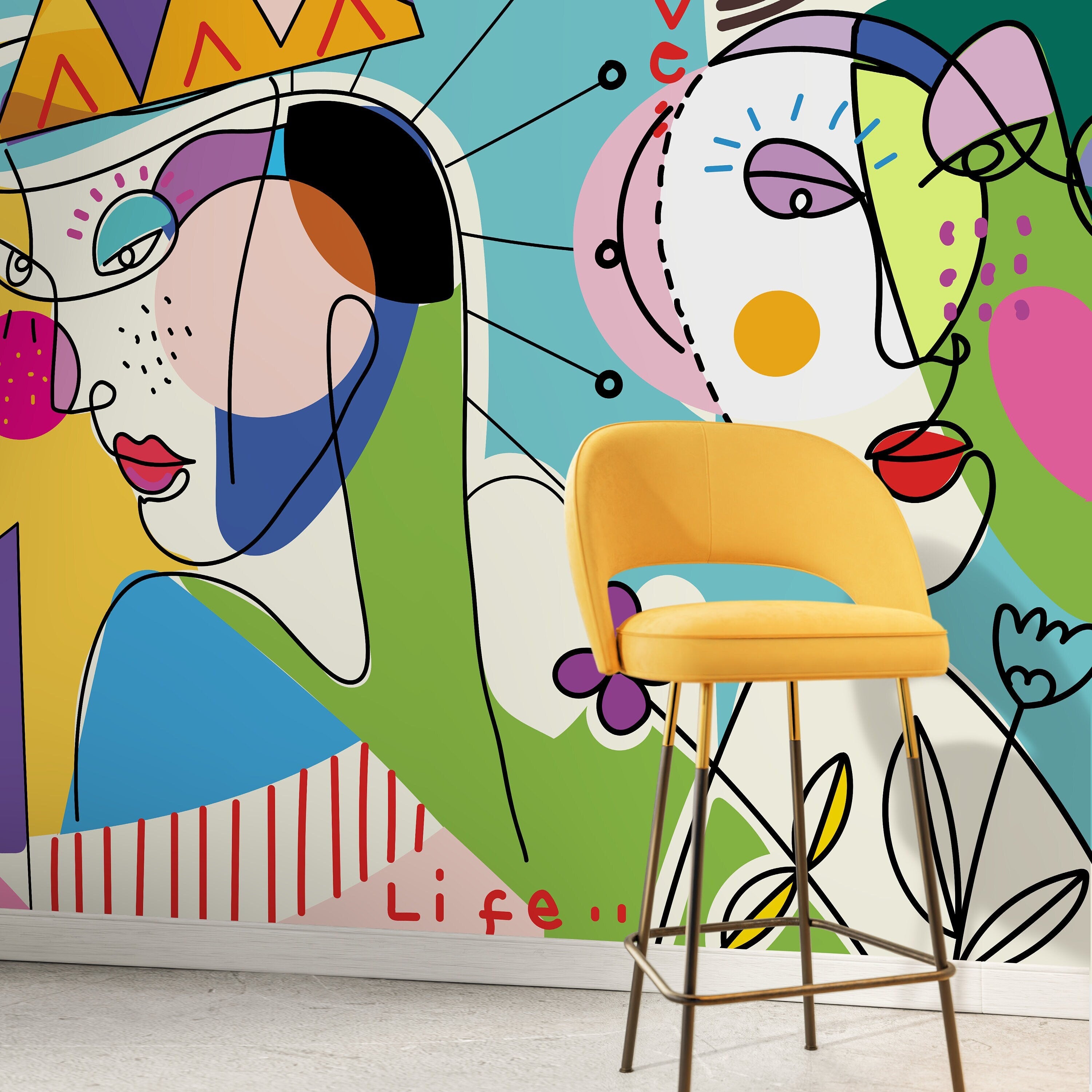 Abstract Wallpaper With Colorful Line Art Faces In Yellow, Blue, And Green - D604