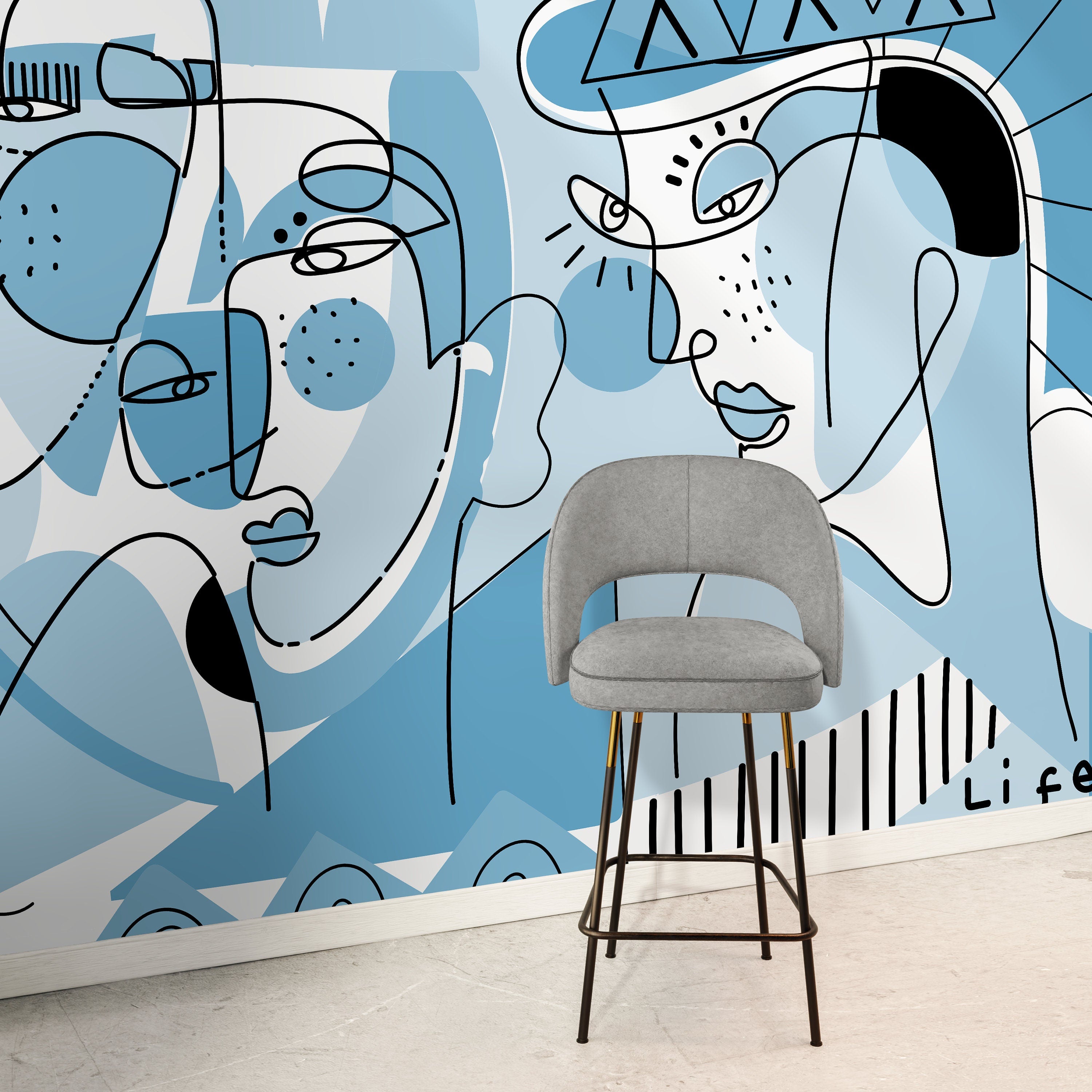 Abstract Wallpaper Featuring Modern Line Art Faces In Light Blue And Black - D606
