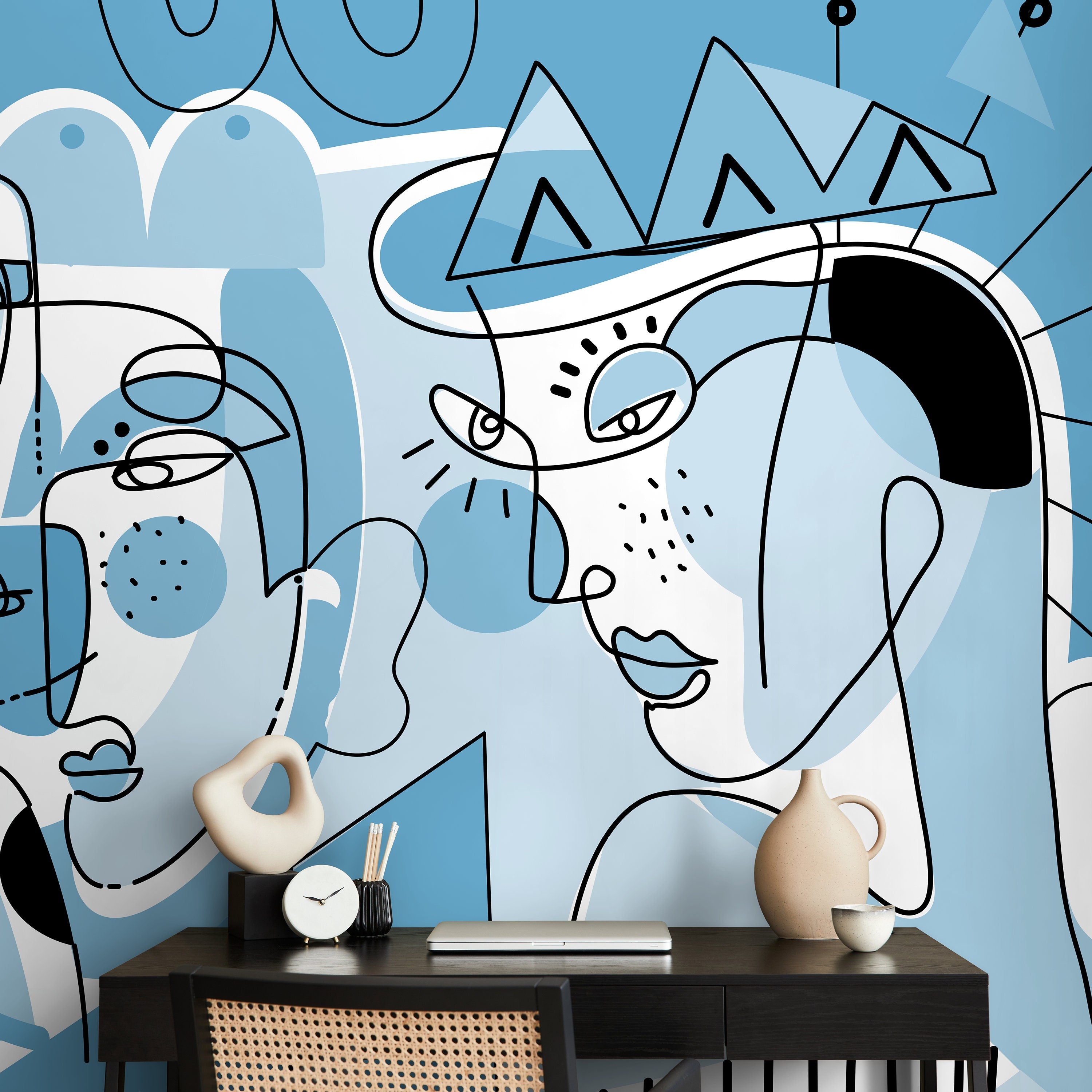 Abstract Wallpaper Featuring Modern Line Art Faces In Light Blue And Black - D606