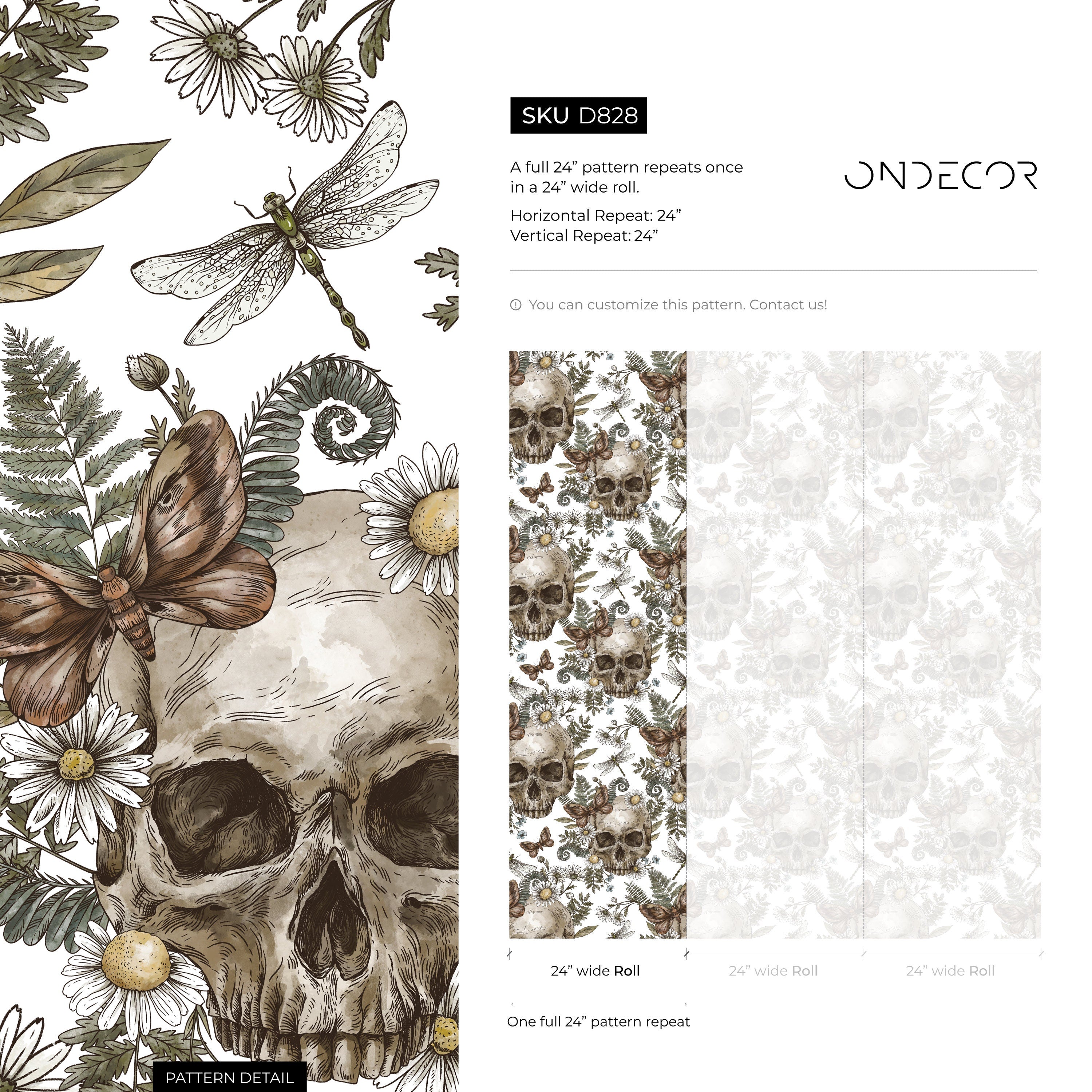 Gothic Wallpaper With Skulls, Ferns, And Daisies In Brown And Green - D828