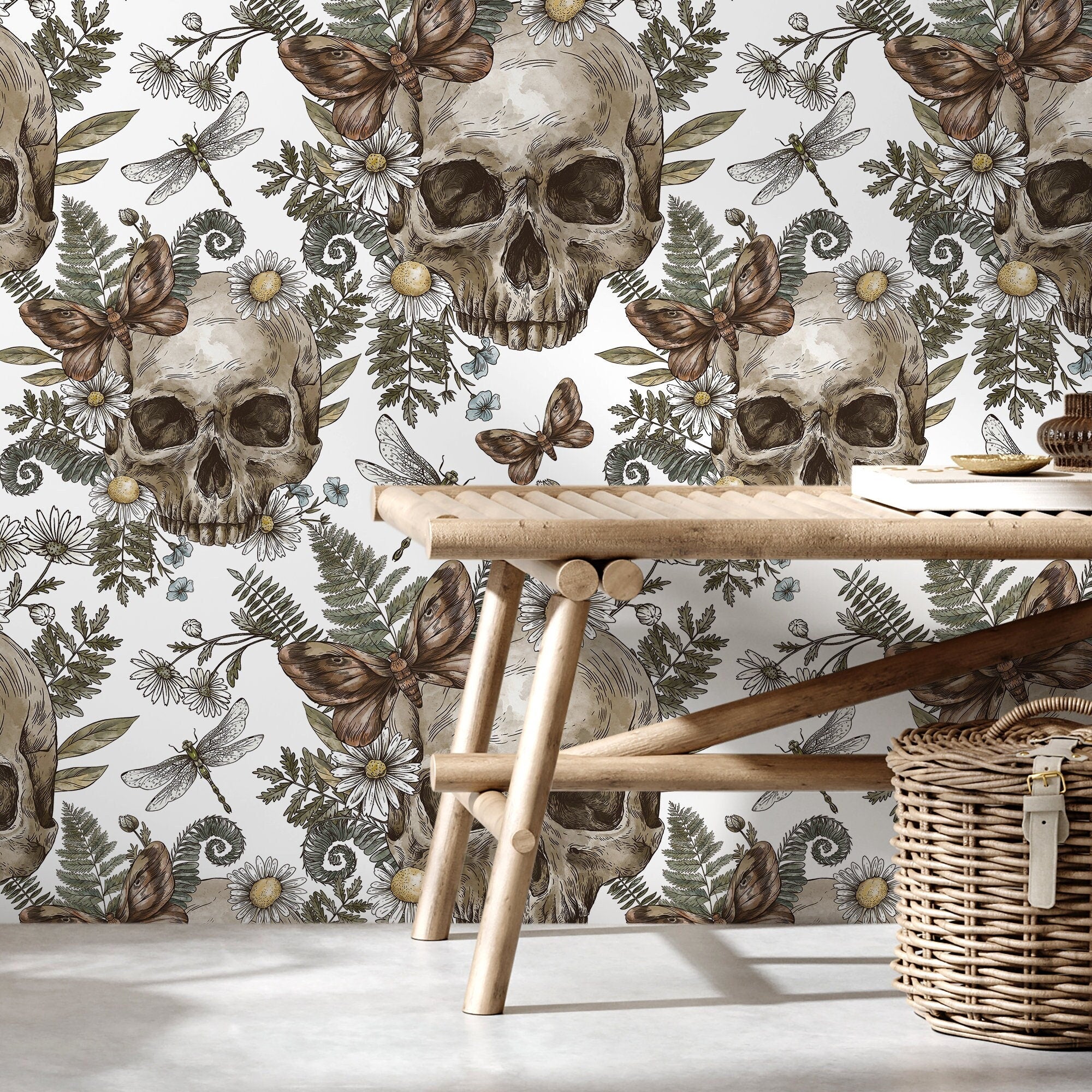 Gothic Wallpaper With Skulls, Ferns, And Daisies In Brown And Green - D828