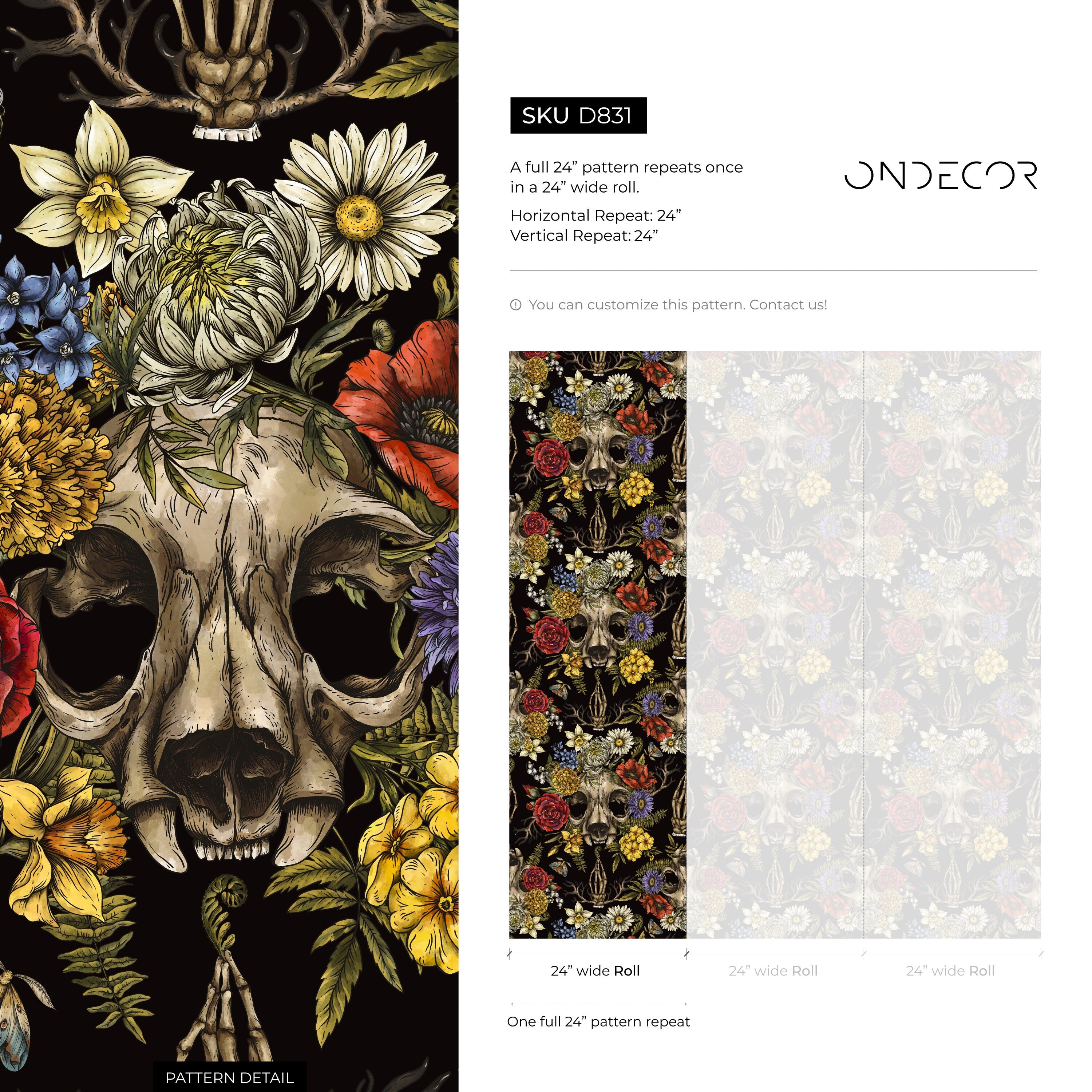 Gothic Wallpaper With A Floral Skull Motif In Red, Yellow, And Blue - D831