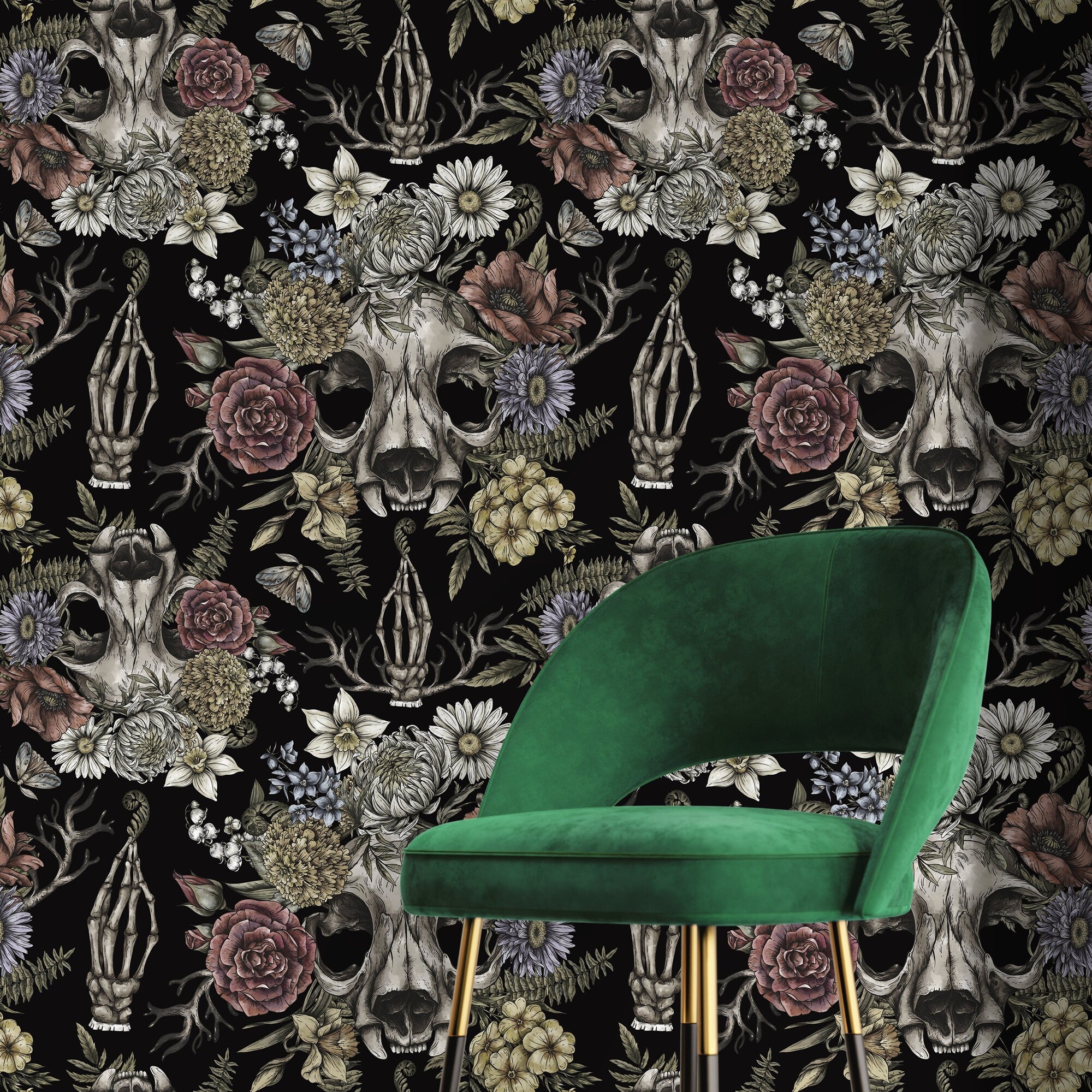 Gothic Wallpaper With Floral Skulls In Muted Rose, Yellow, And Purple - D832