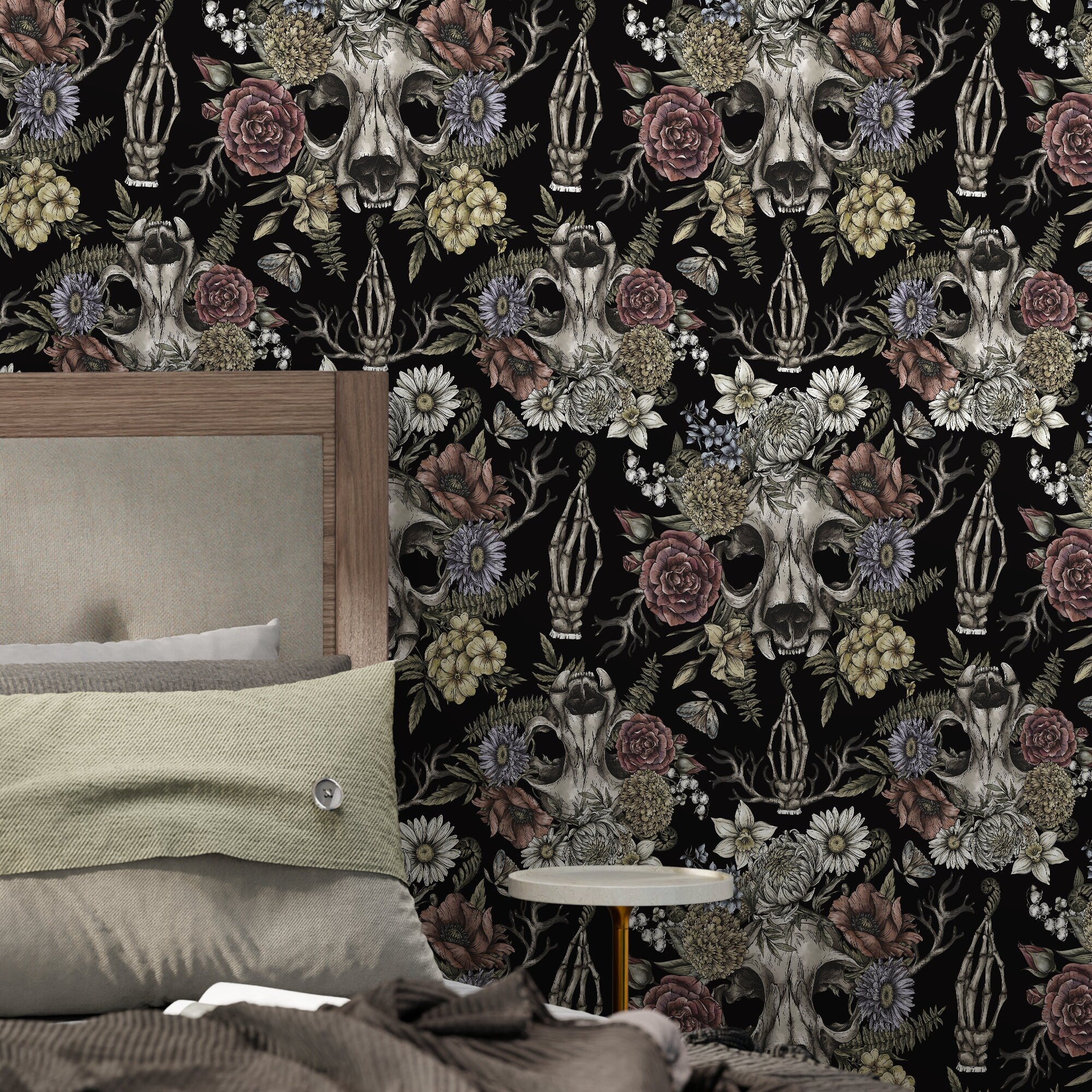 Gothic Wallpaper With Floral Skulls In Muted Rose, Yellow, And Purple - D832