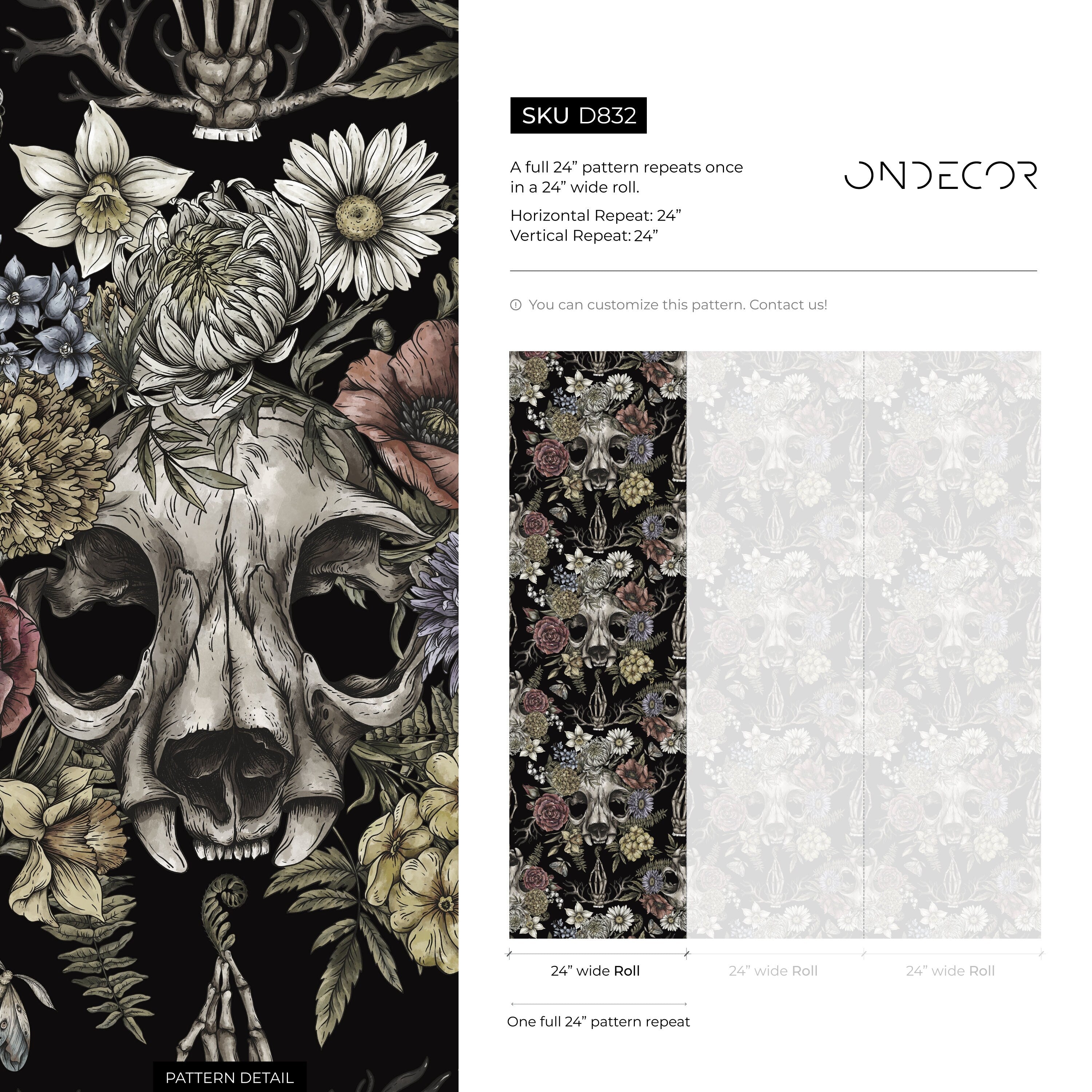 Gothic Wallpaper With Floral Skulls In Muted Rose, Yellow, And Purple - D832