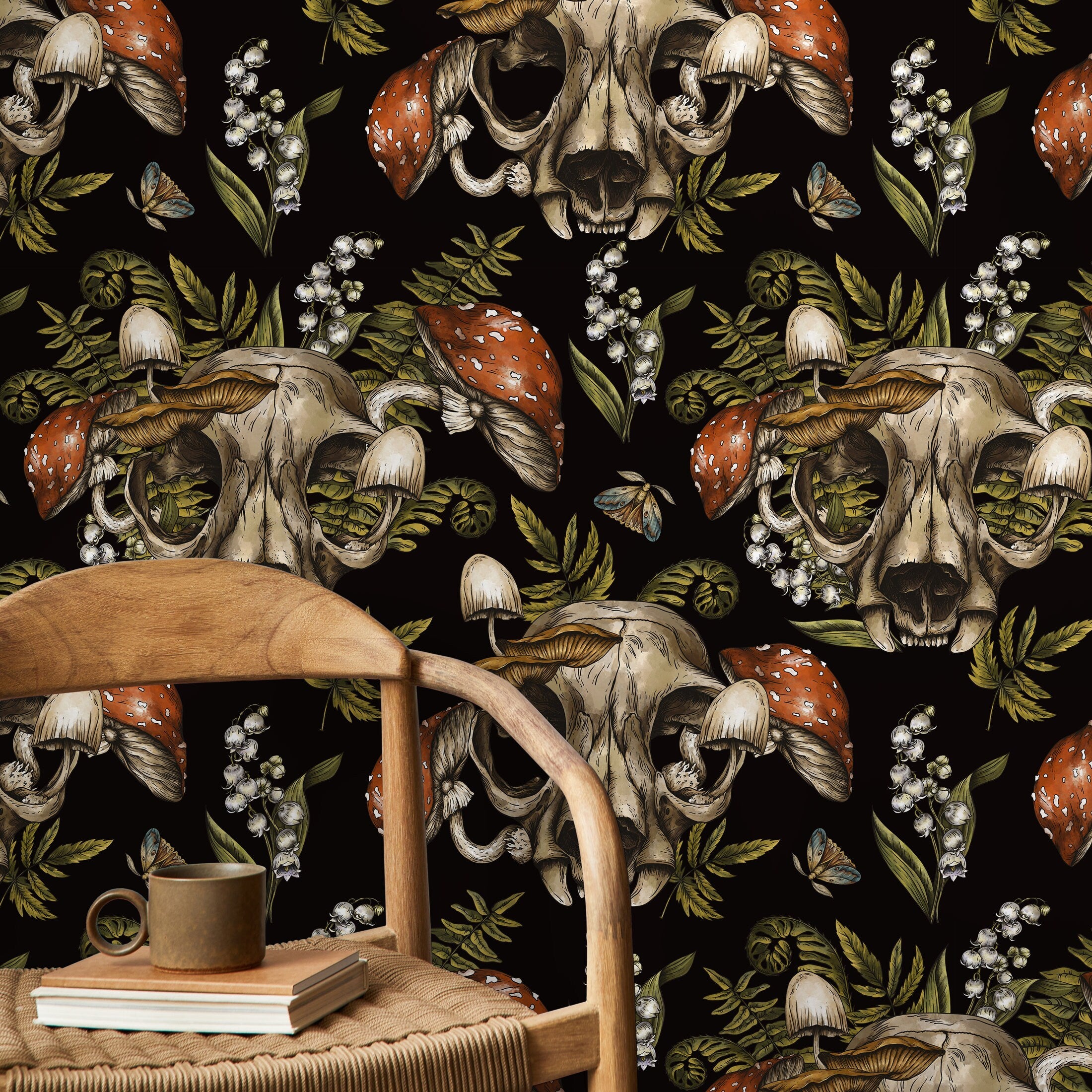 Gothic Wallpaper Featuring Animal Skulls And Mushrooms In Black And Red - D833