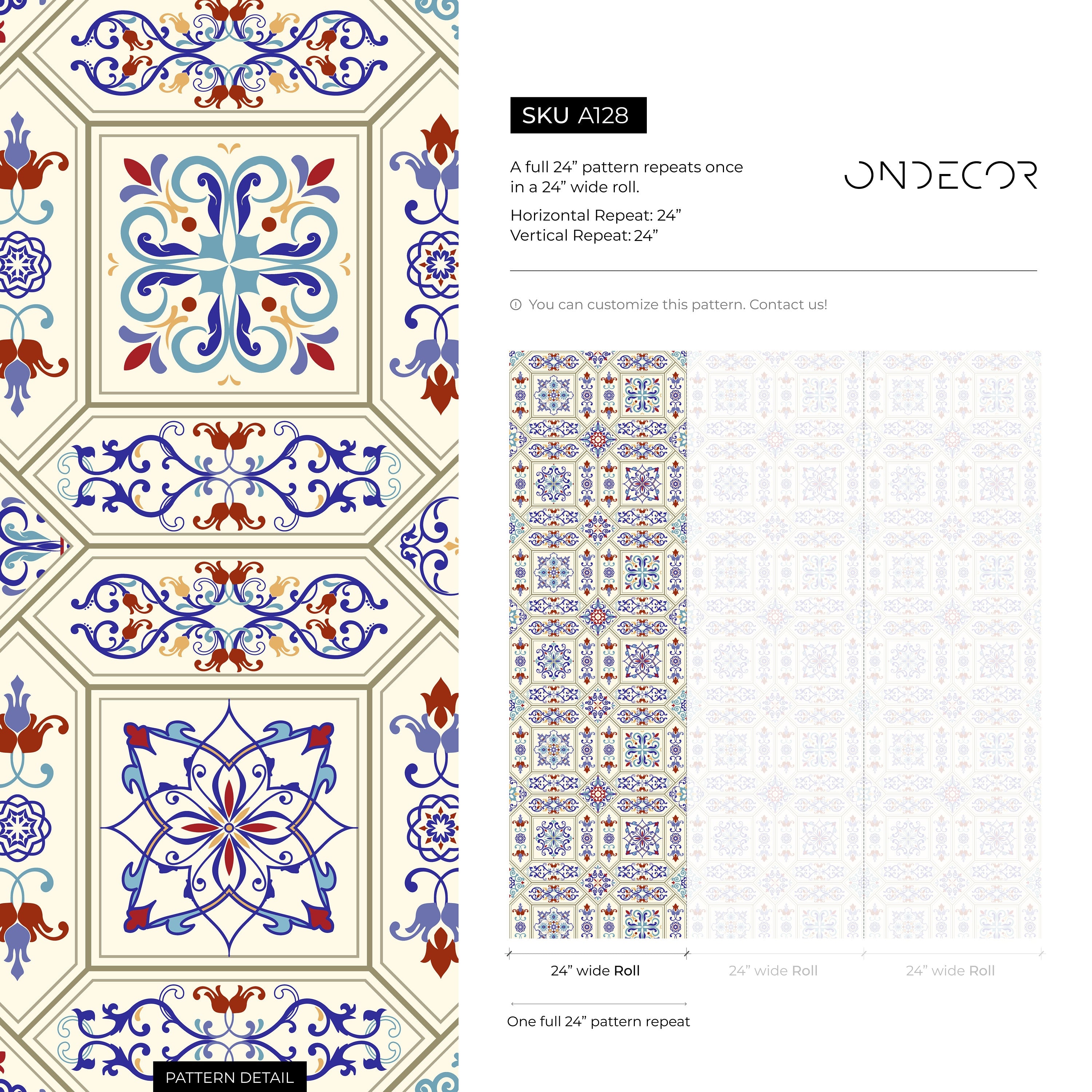 Tile Wallpaper With An Ornate Moroccan Motif In Blue, Red, And Yellow - A128