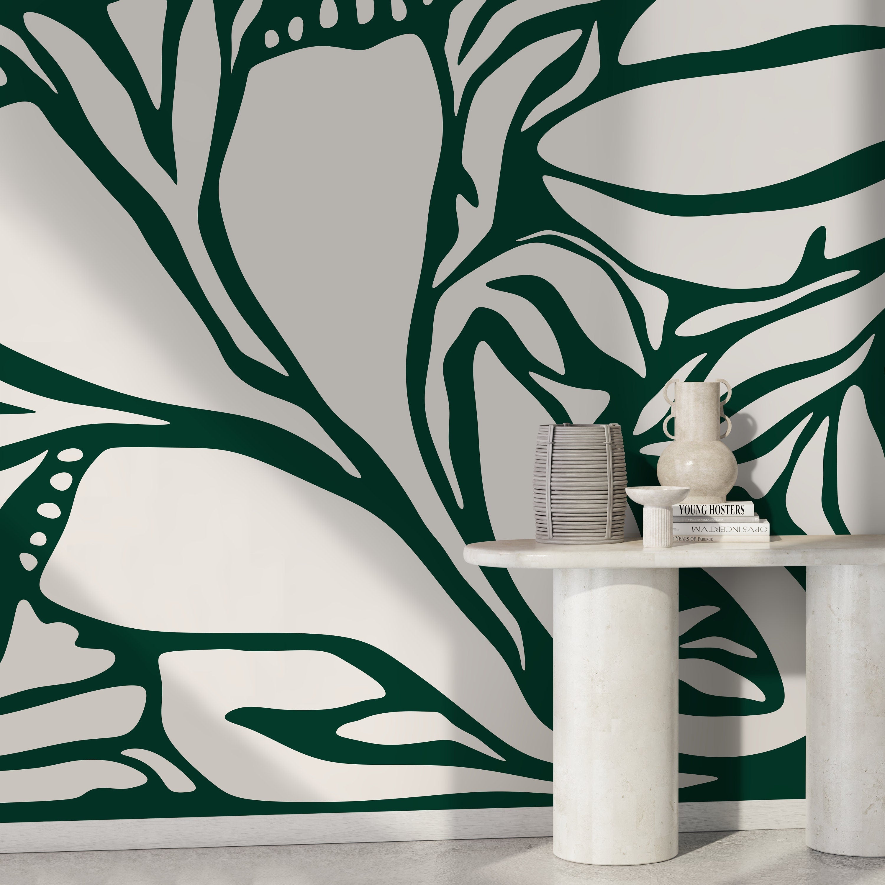 Abstract Wallpaper With A Bold Botanical Motif In Dark Green And Beige - D629