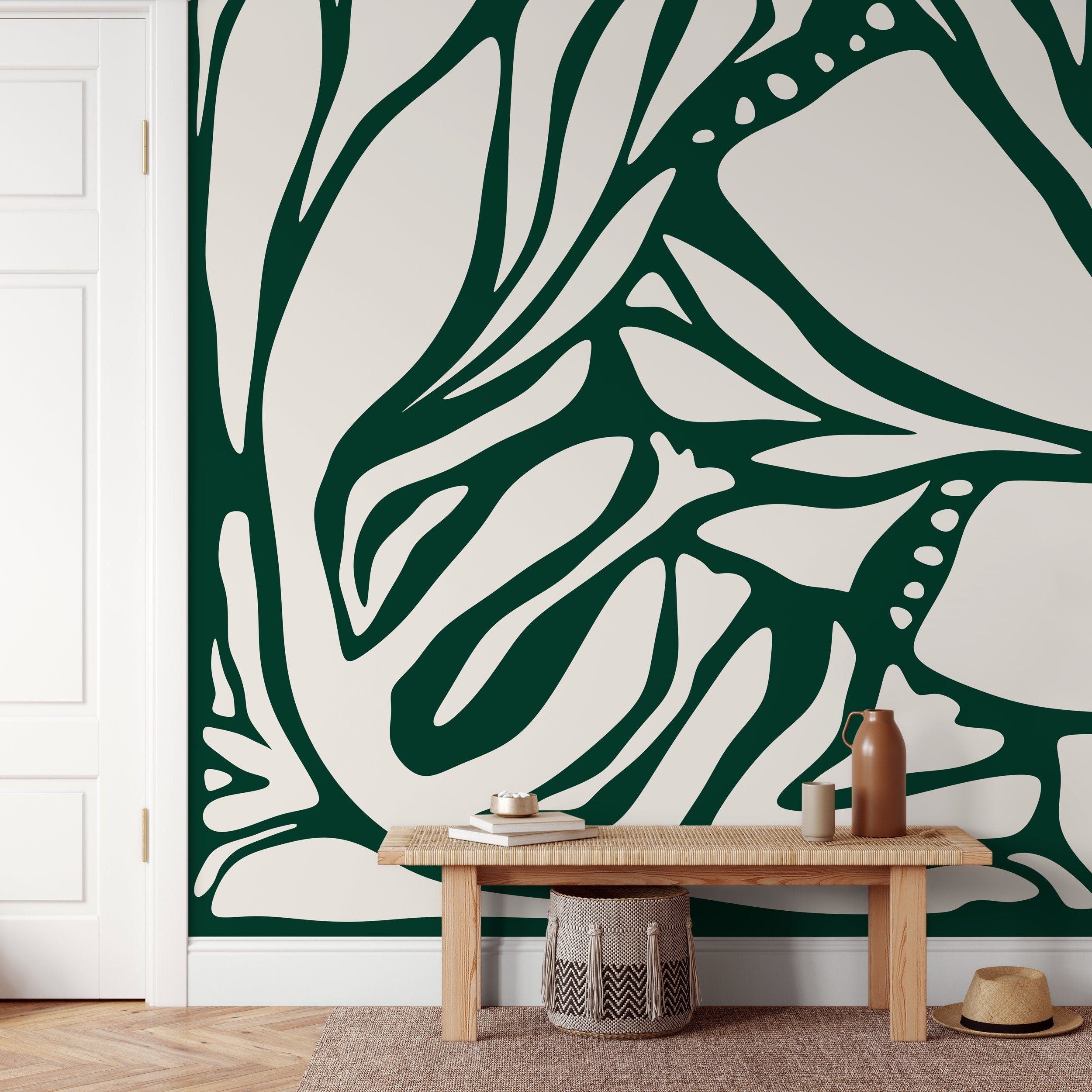 Abstract Wallpaper With A Bold Botanical Motif In Dark Green And Beige - D629