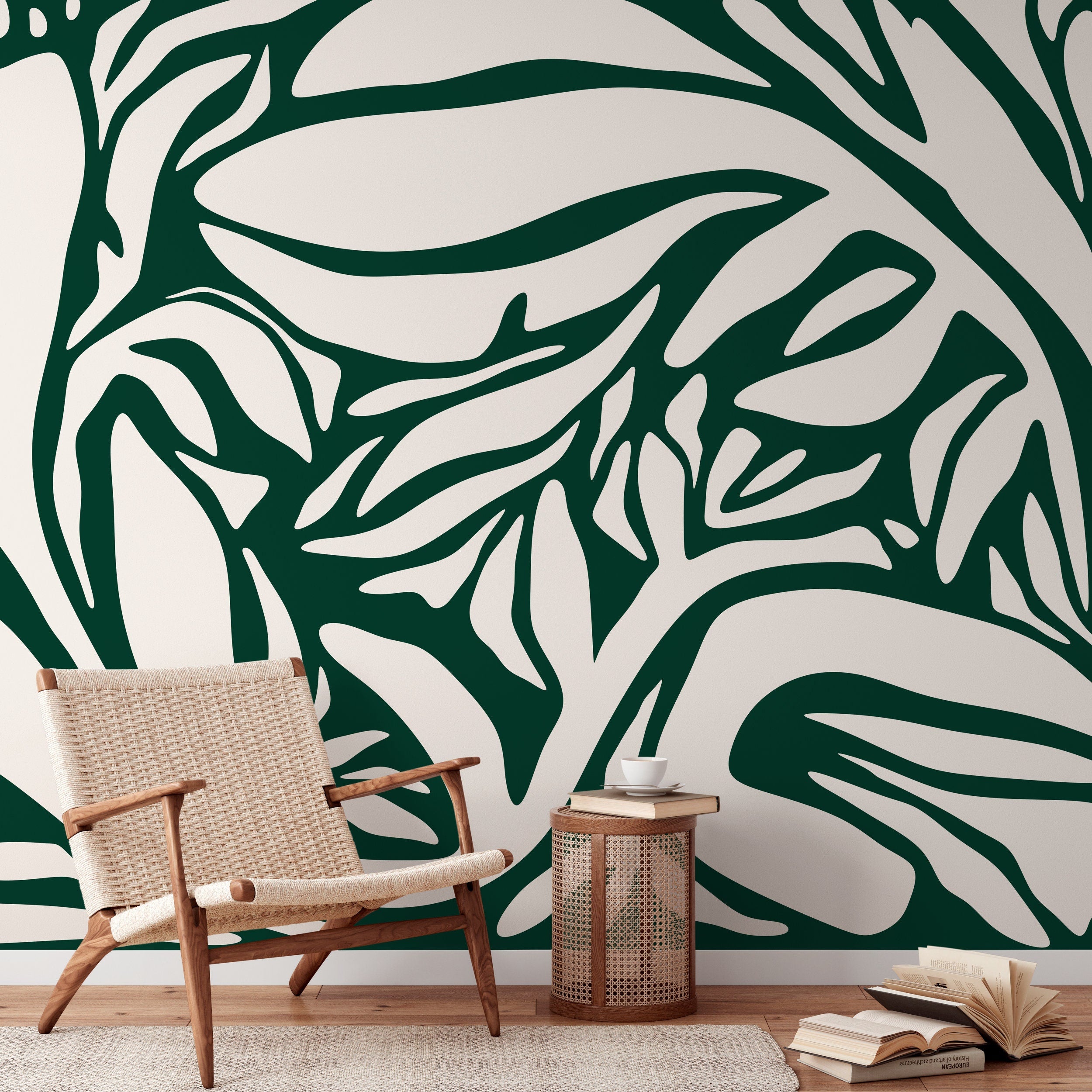 Abstract Wallpaper With A Bold Botanical Motif In Dark Green And Beige - D629