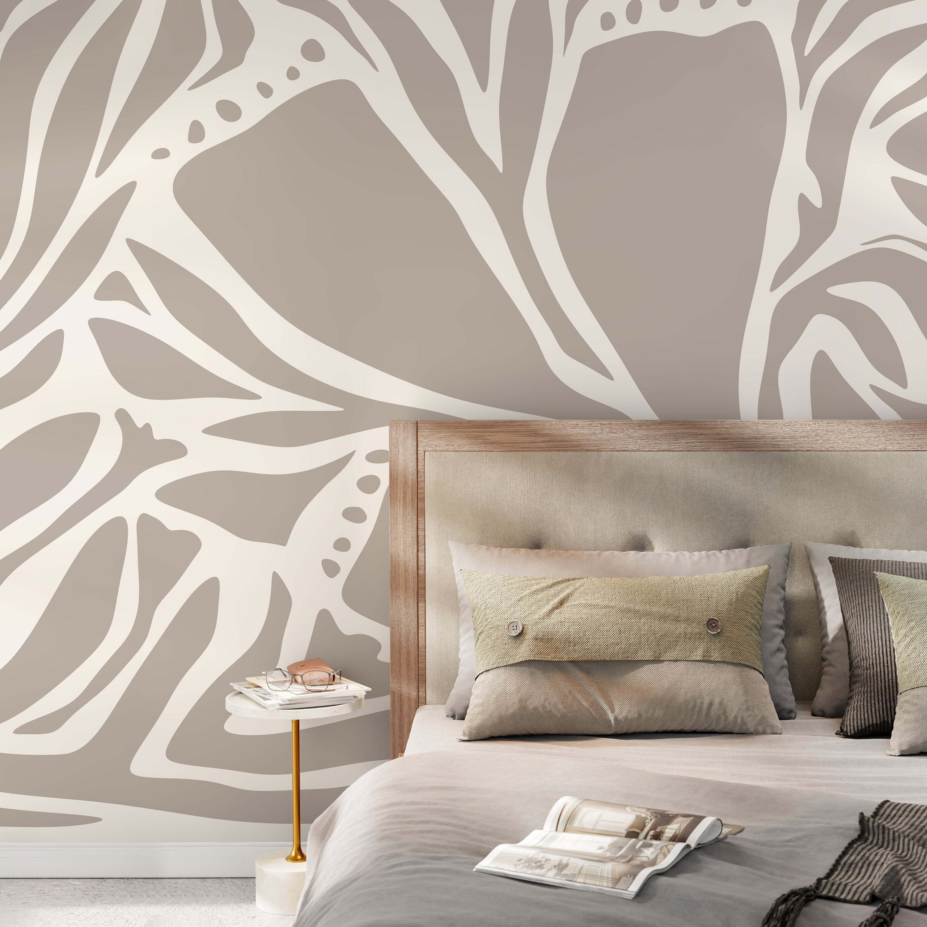 Abstract Wallpaper With A Flowing Botanical Motif In Taupe And Beige - D630