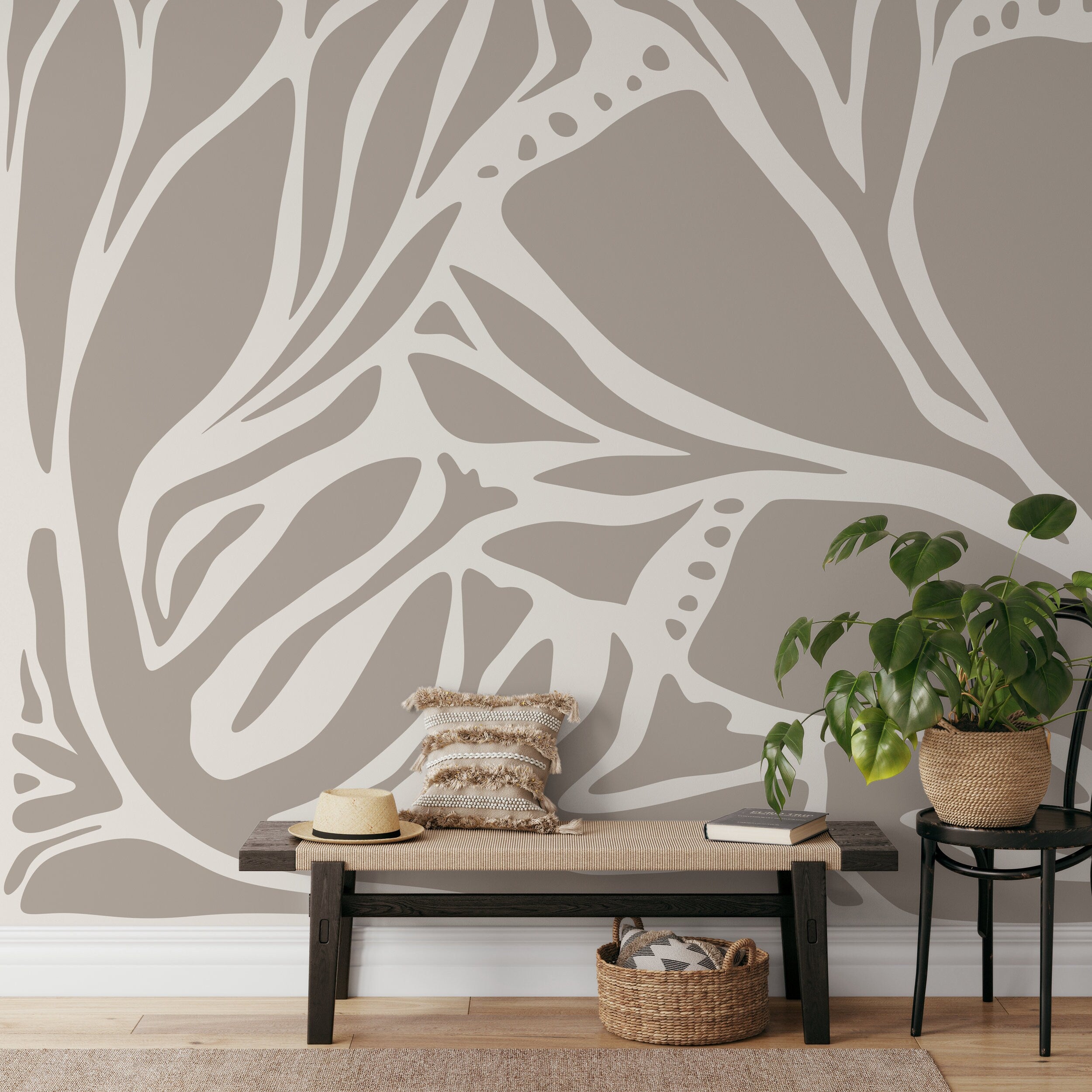 Abstract Wallpaper With A Flowing Botanical Motif In Taupe And Beige - D630