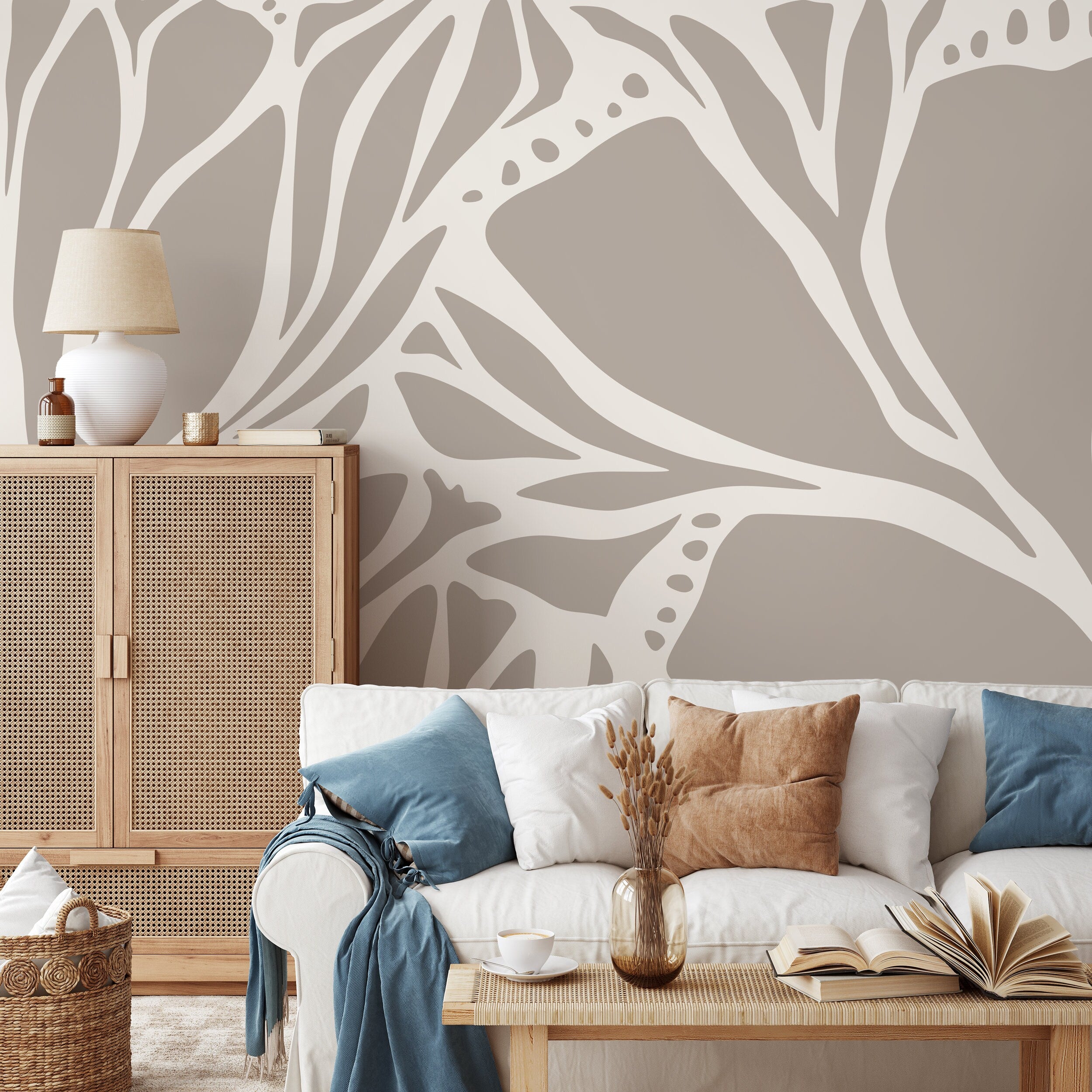 Abstract Wallpaper With A Flowing Botanical Motif In Taupe And Beige - D630