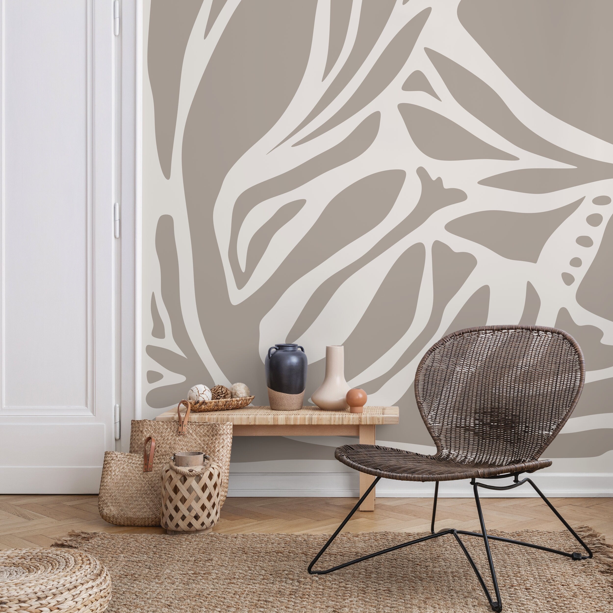 Abstract Wallpaper With A Flowing Botanical Motif In Taupe And Beige - D630