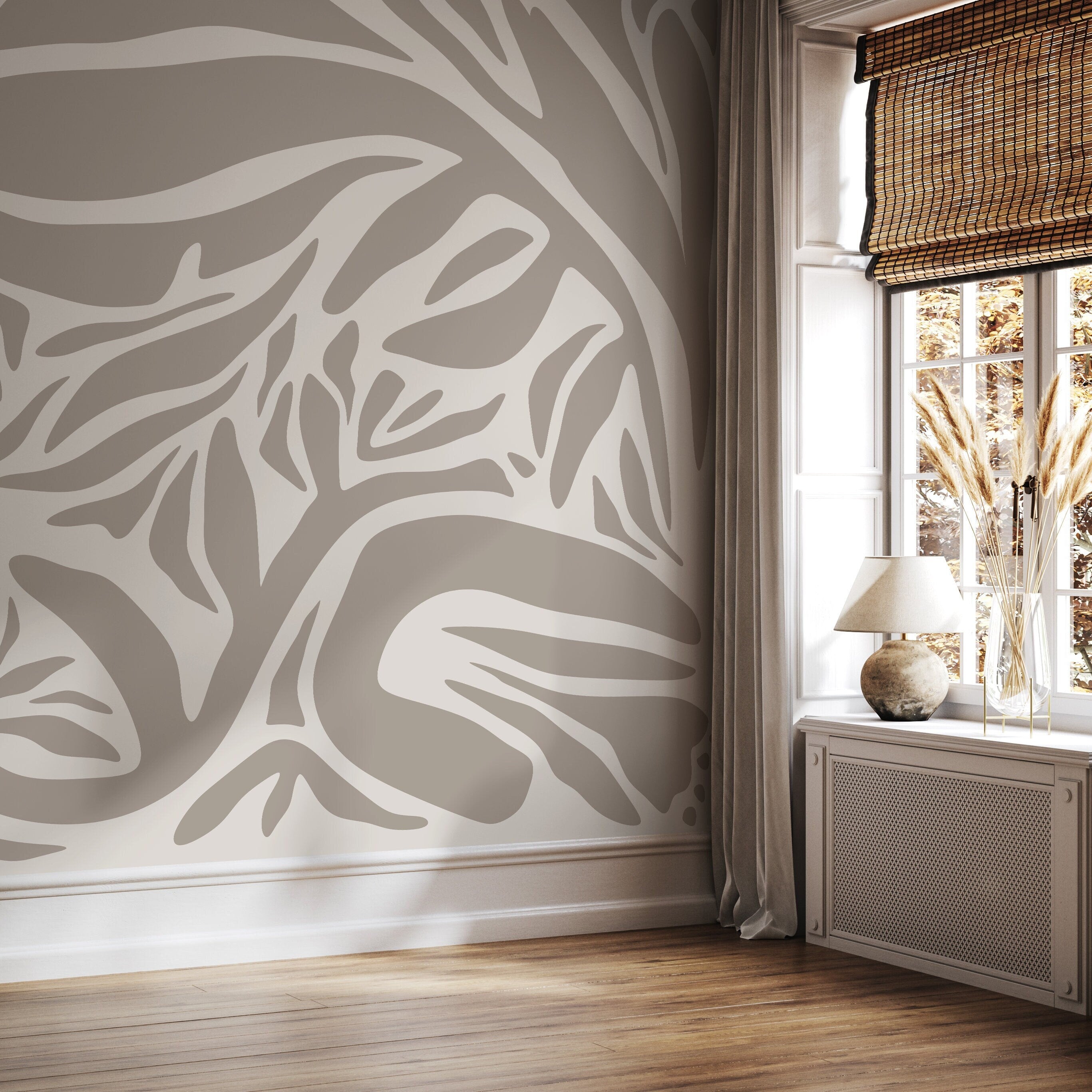 Abstract Wallpaper With A Flowing Botanical Motif In Taupe And Beige - D630