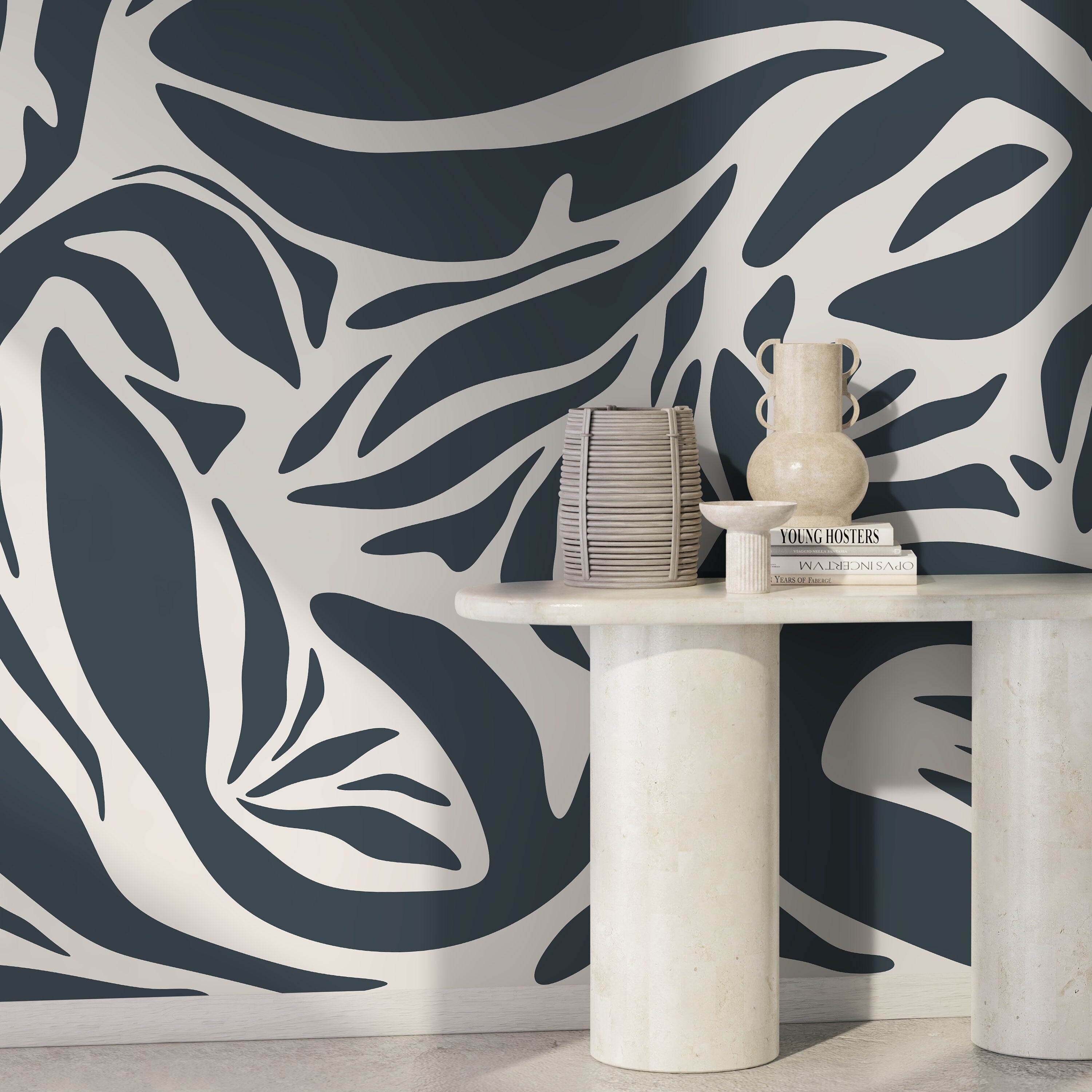 Abstract Wallpaper With Bold Organic Shapes In Dark Grey And Off-white - D631