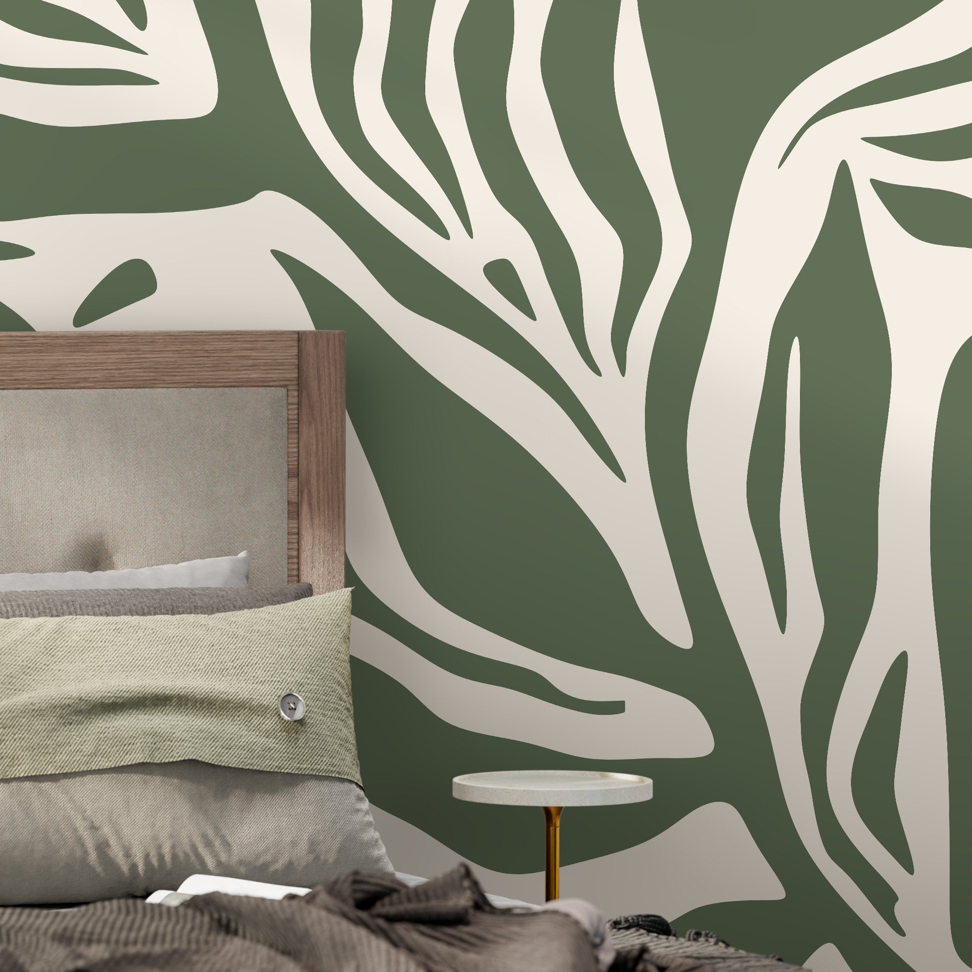 Abstract Wallpaper With Bold Organic Shapes In Olive Green And Beige - D628