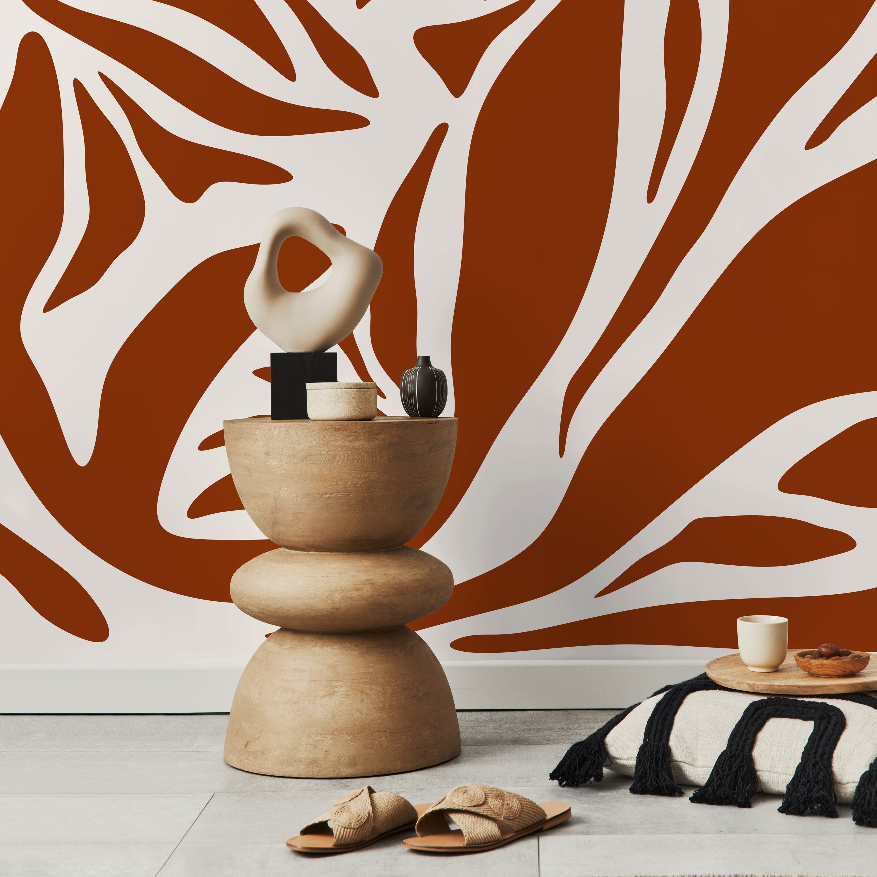 Abstract Wallpaper With Organic Branch Motifs In Terracotta And White - D637