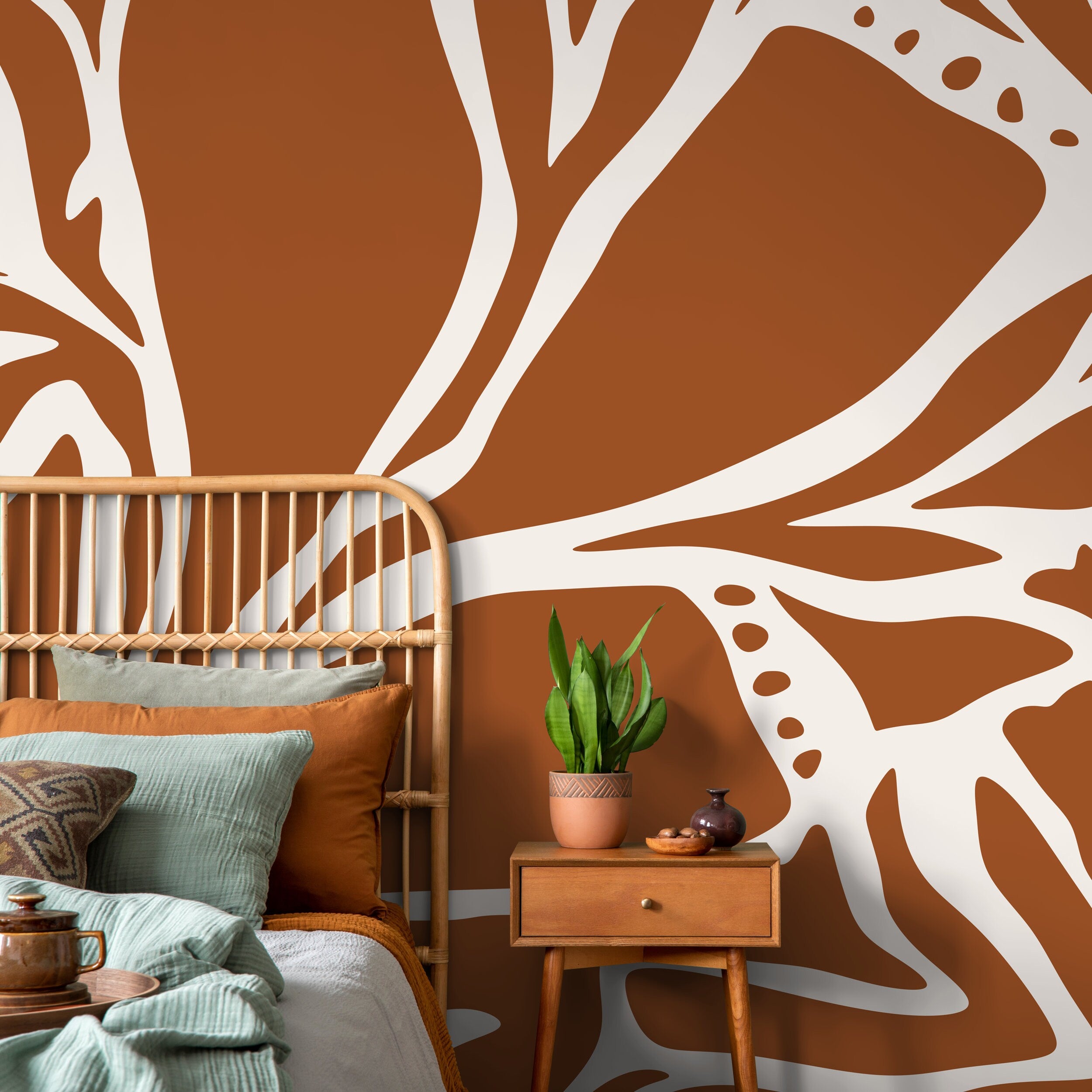 Abstract Wallpaper With Bold Organic Lines In Orange And Beige - D638