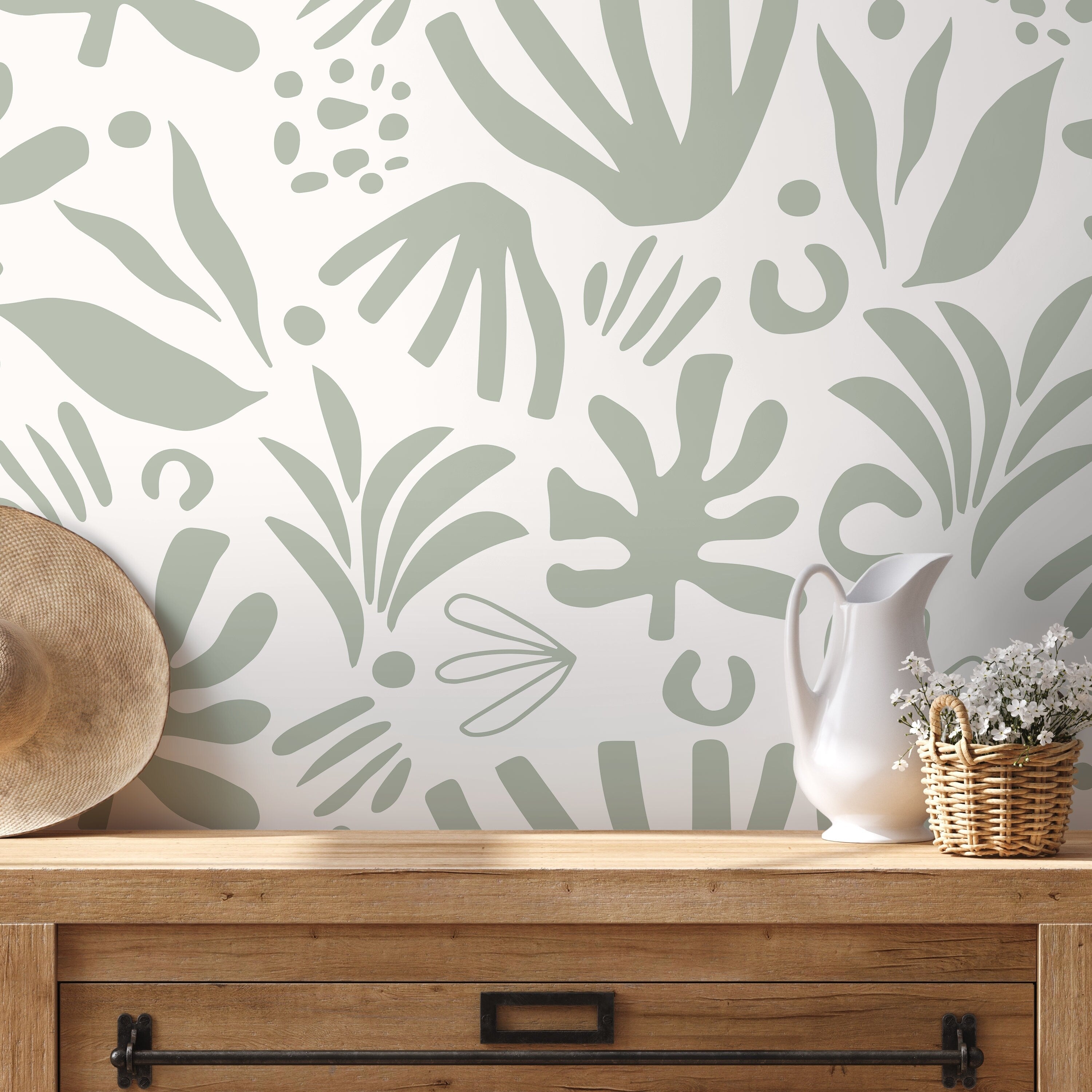 Abstract Wallpaper With A Boho Leaf Motif In Light Green - D681