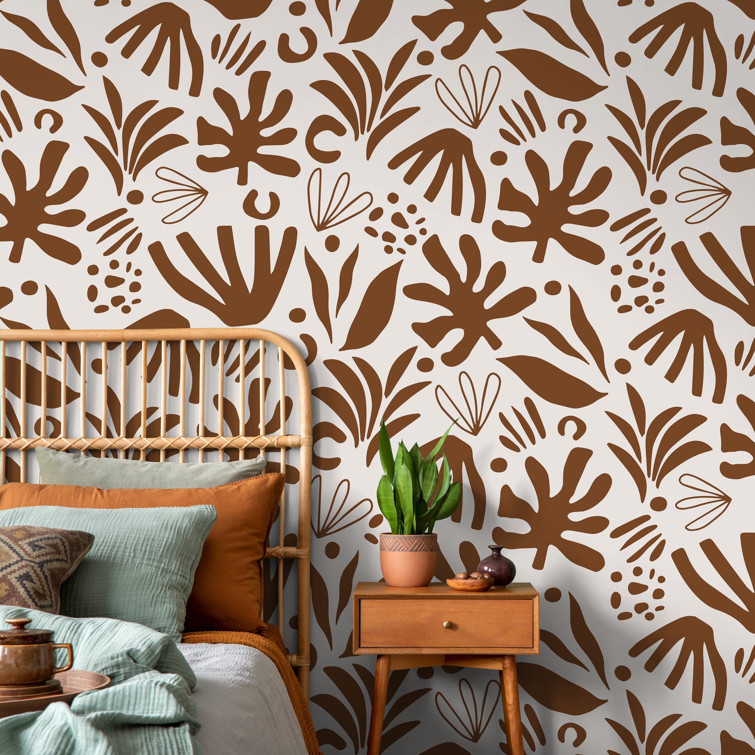 Abstract Wallpaper Featuring Bold Botanical Forms In Brown - D682
