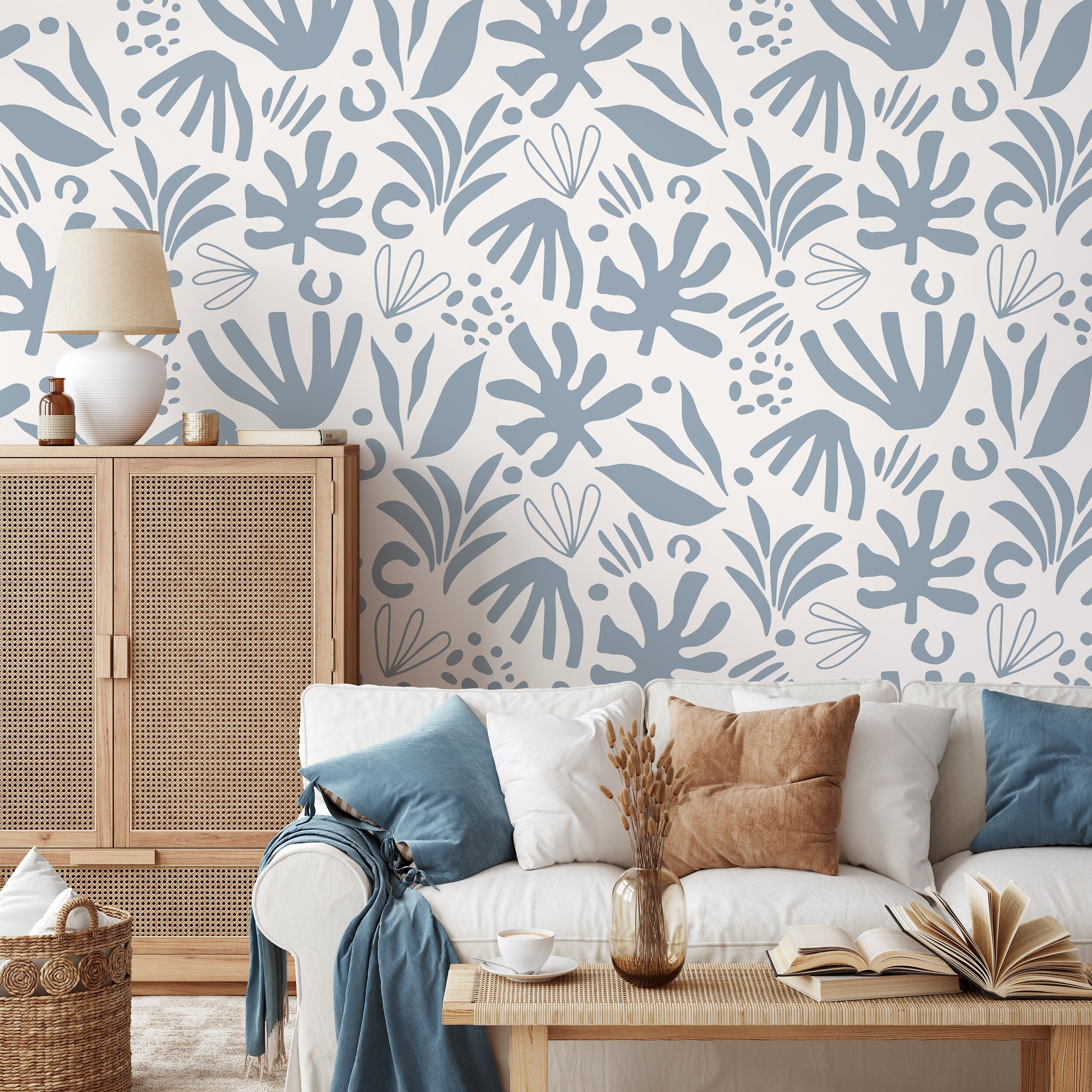 Abstract Wallpaper Featuring Leaf Cutouts In Light Blue - D683