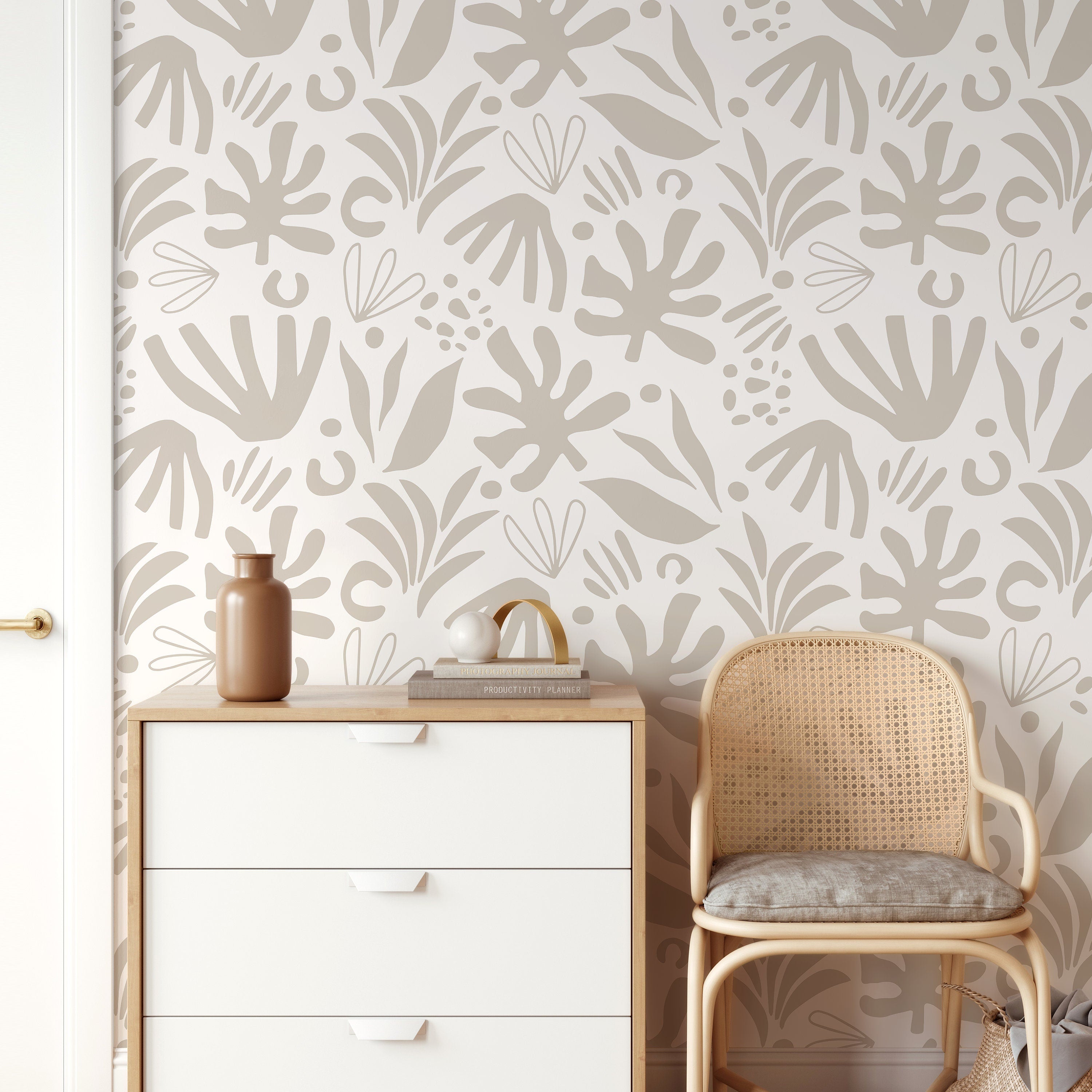 Abstract Wallpaper With Botanical Cutouts In Neutral Beige - D685