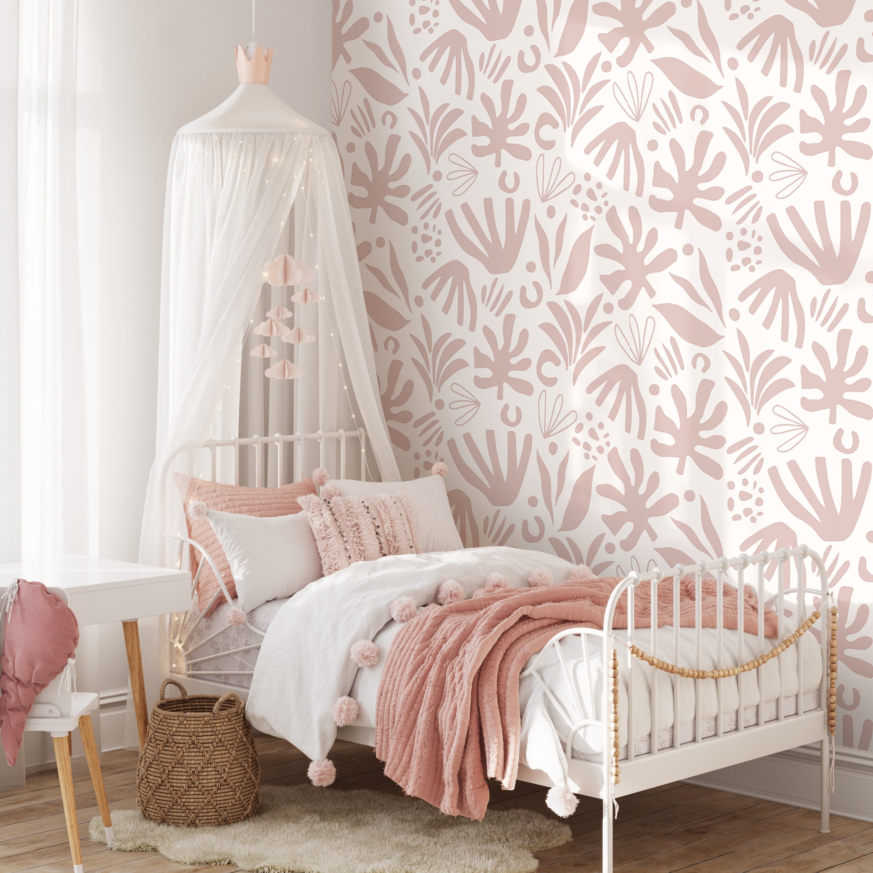 Abstract Wallpaper With Botanical Cutout Shapes In Pink - D686