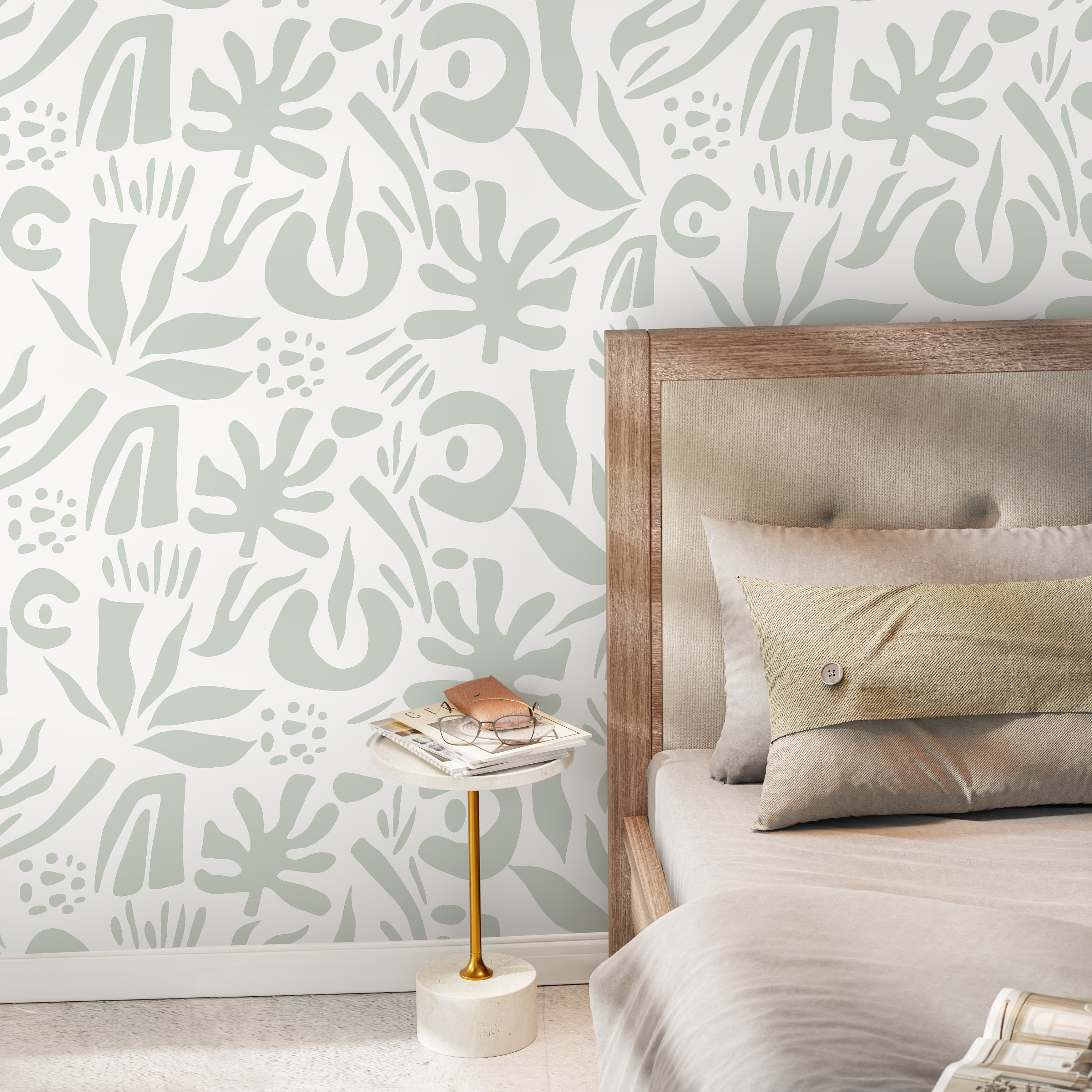 Abstract Wallpaper With Organic Leaf Shapes In Mint Green - D687