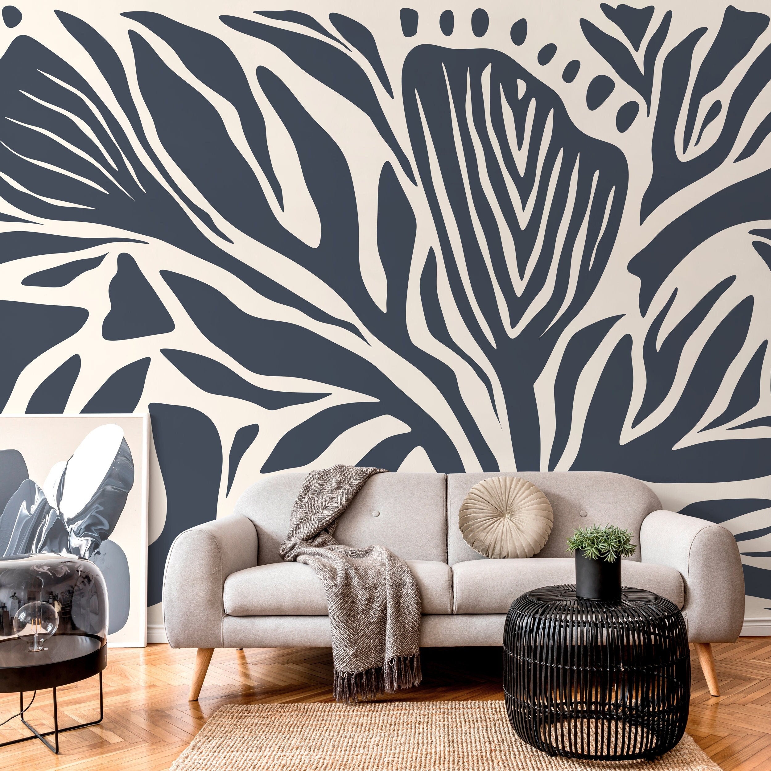 Abstract Wallpaper Featuring Bold Botanical Stripes In Gray Blue And Cream - D693