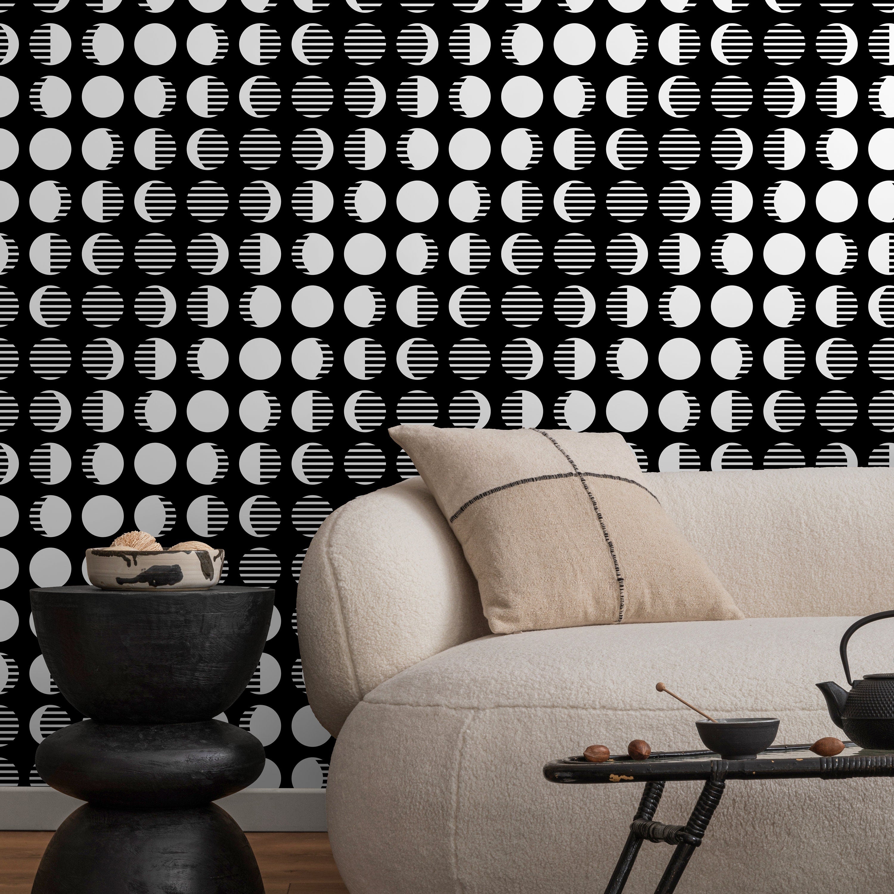 Celestial Wallpaper With A Modern Moon Phase Motif In Black And White - D941